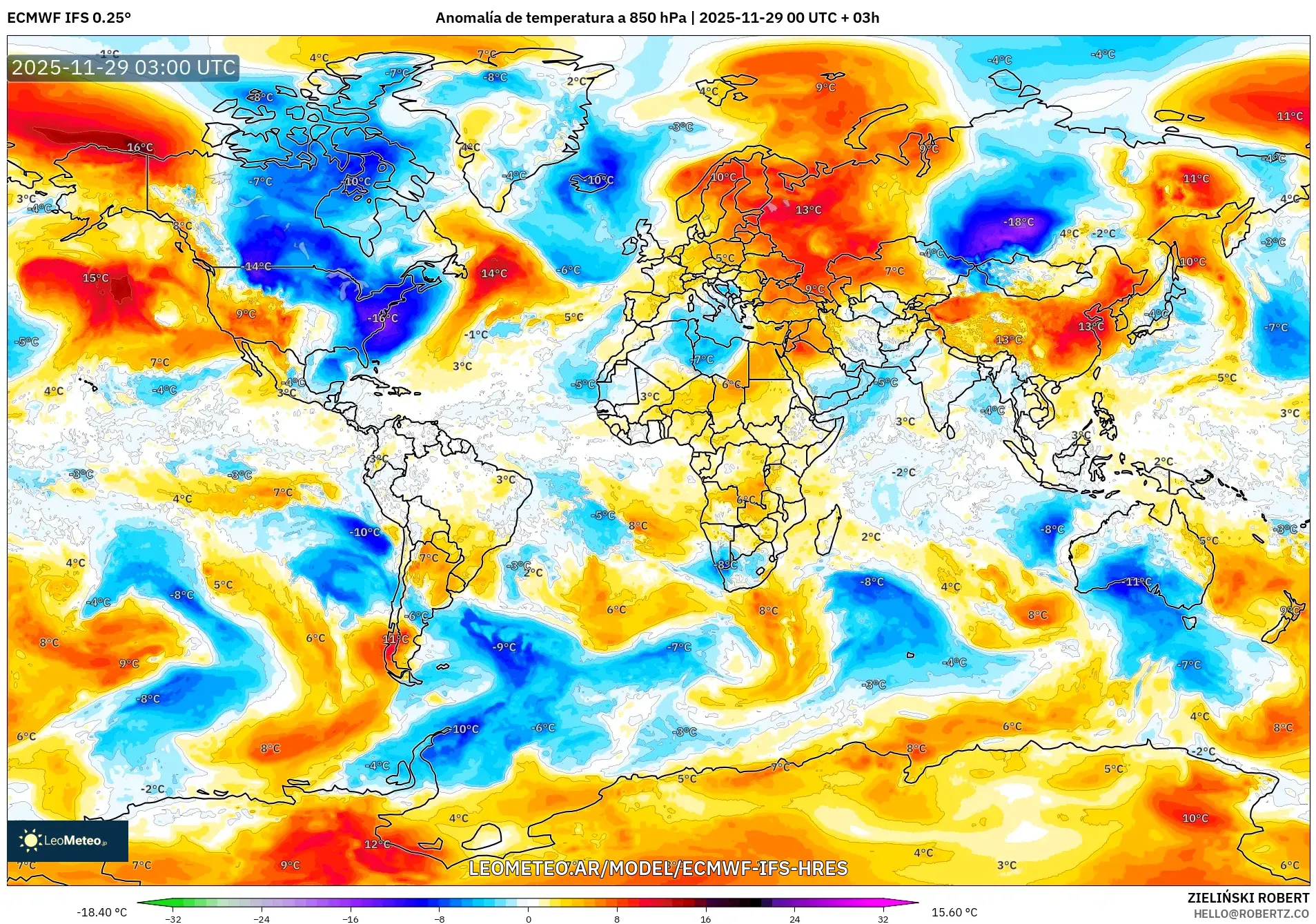 ECMWF IFS 0.25° model - Mundo, Anomalía de temperatura a 850 hPa