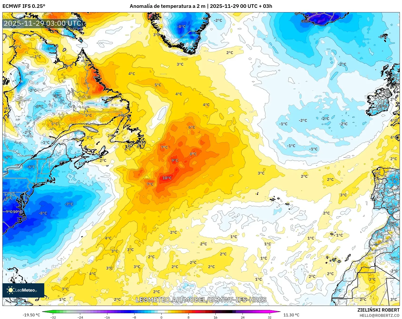 ECMWF IFS 0.25° model - Norte Atlántico, Anomalía de temperatura a 2 m