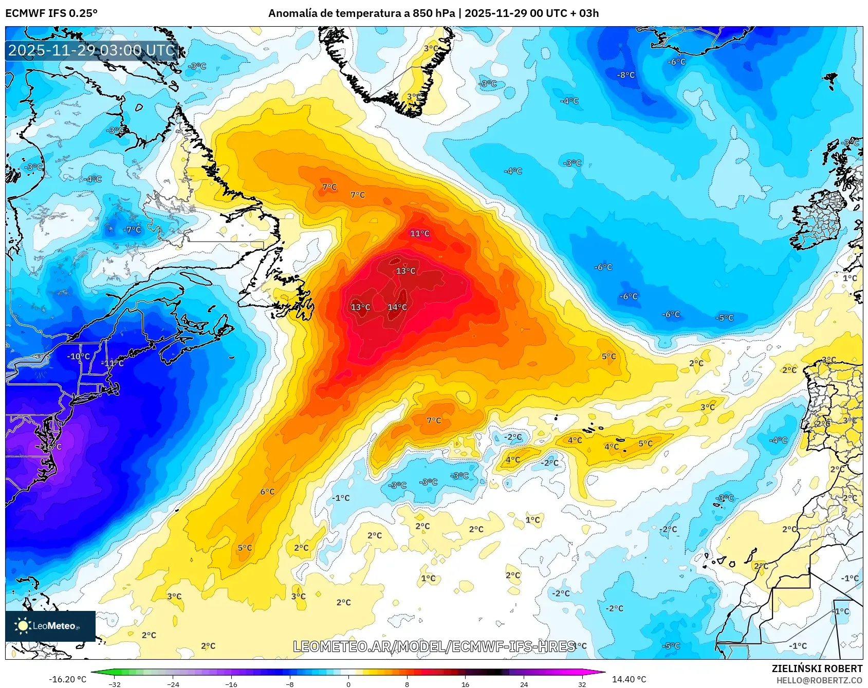 ECMWF IFS 0.25° model - Norte Atlántico, Anomalía de temperatura a 850 hPa