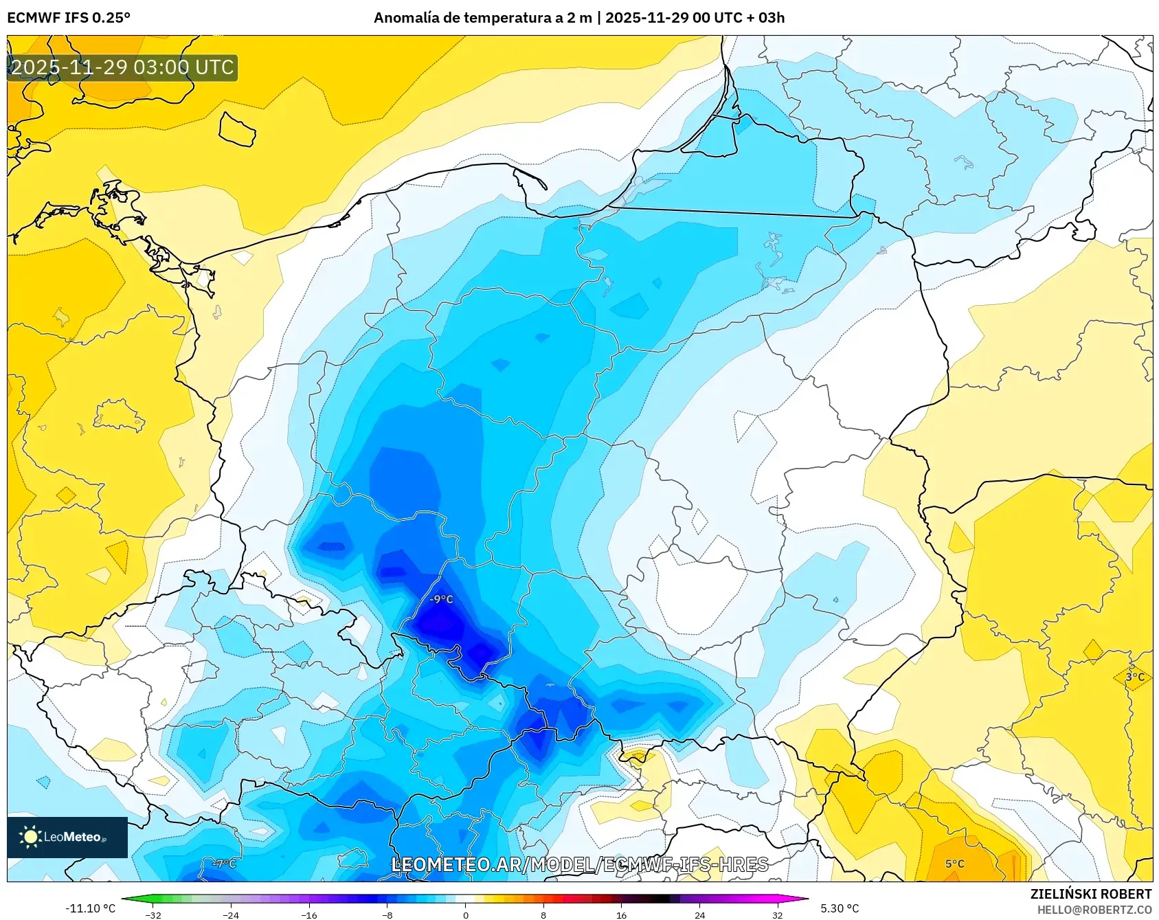 ECMWF IFS 0.25° model - Polonia, Anomalía de temperatura a 2 m