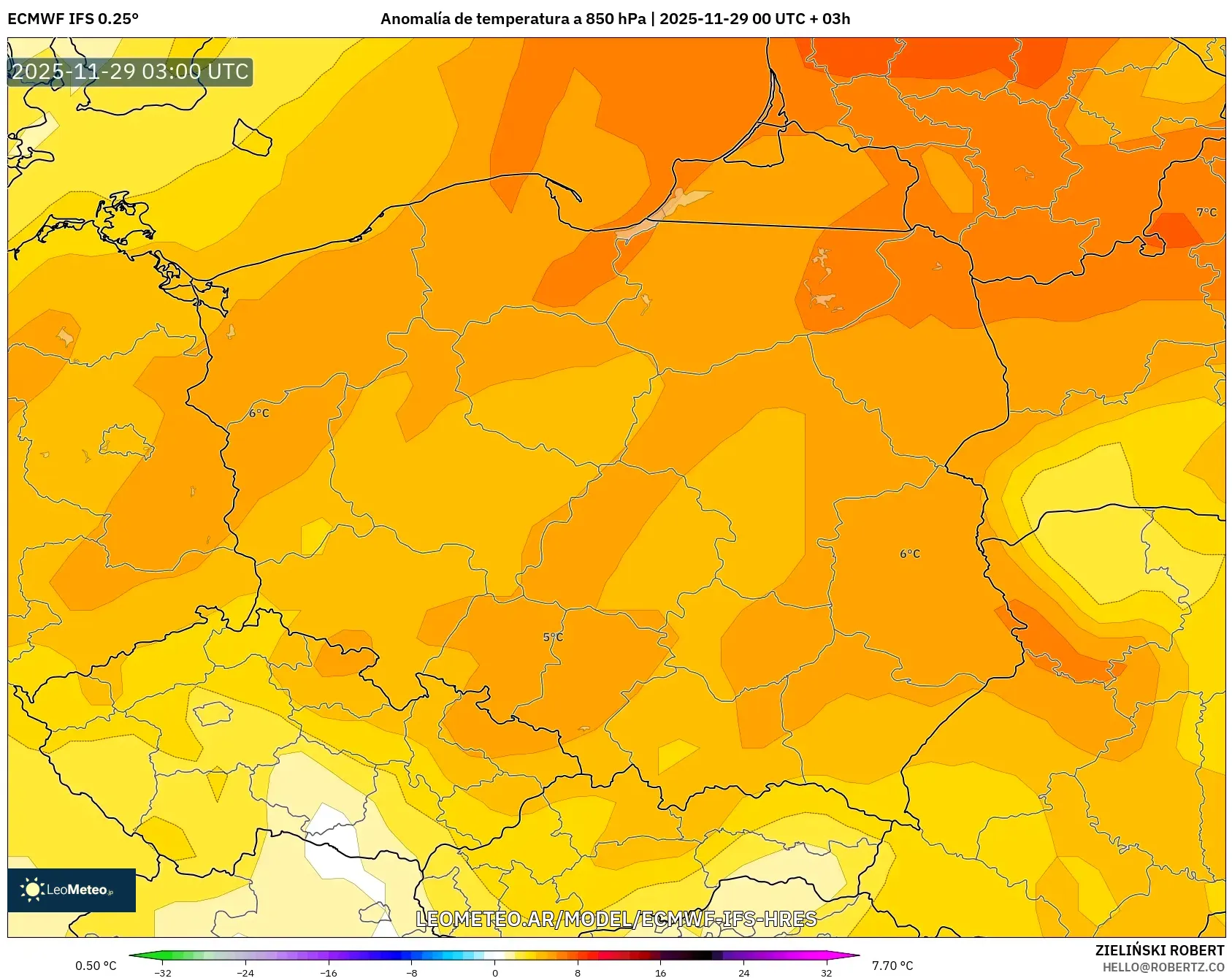 ECMWF IFS 0.25° model - Polonia, Anomalía de temperatura a 850 hPa