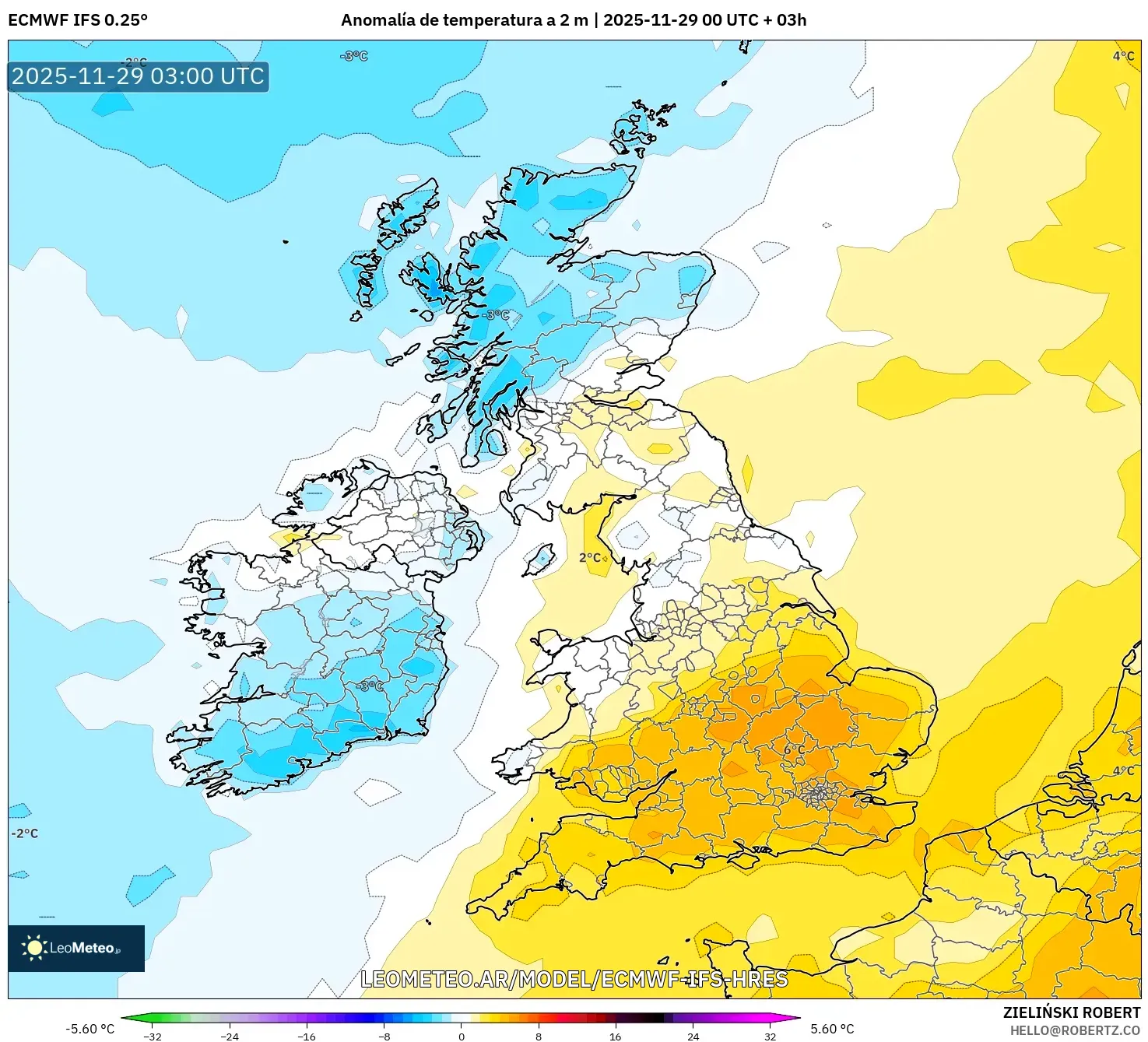 ECMWF IFS 0.25° model - Reino Unido, Anomalía de temperatura a 2 m
