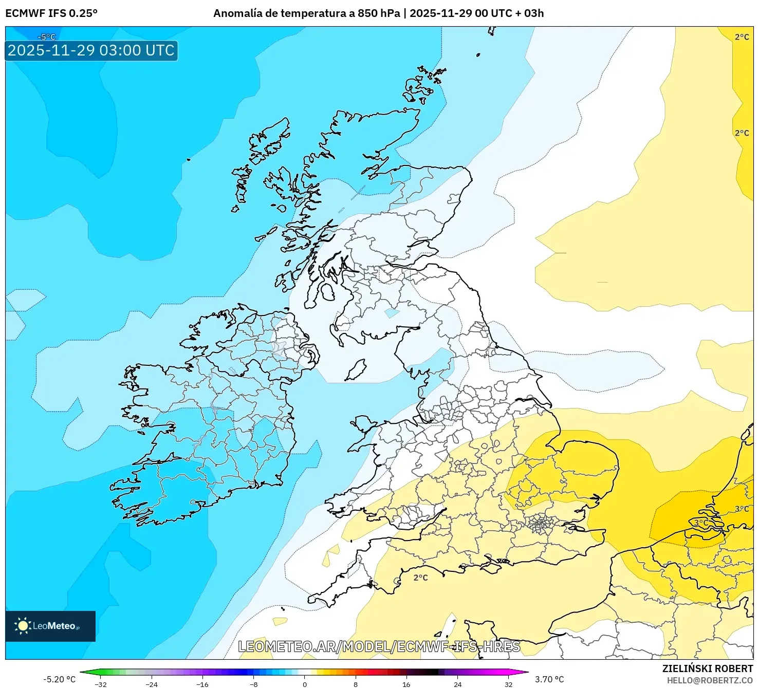 ECMWF IFS 0.25° model - Reino Unido, Anomalía de temperatura a 850 hPa