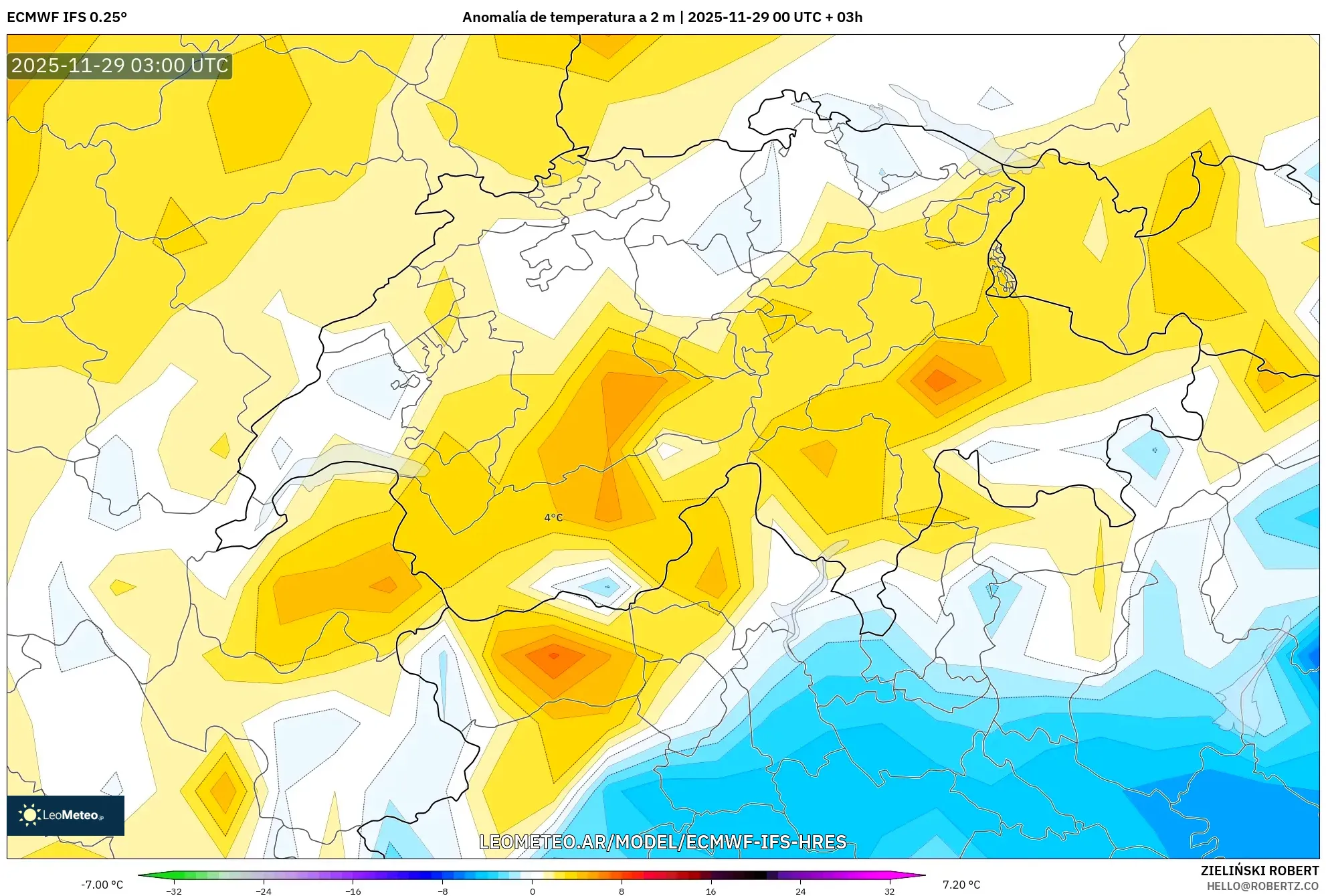 ECMWF IFS 0.25° model - Suiza, Anomalía de temperatura a 2 m