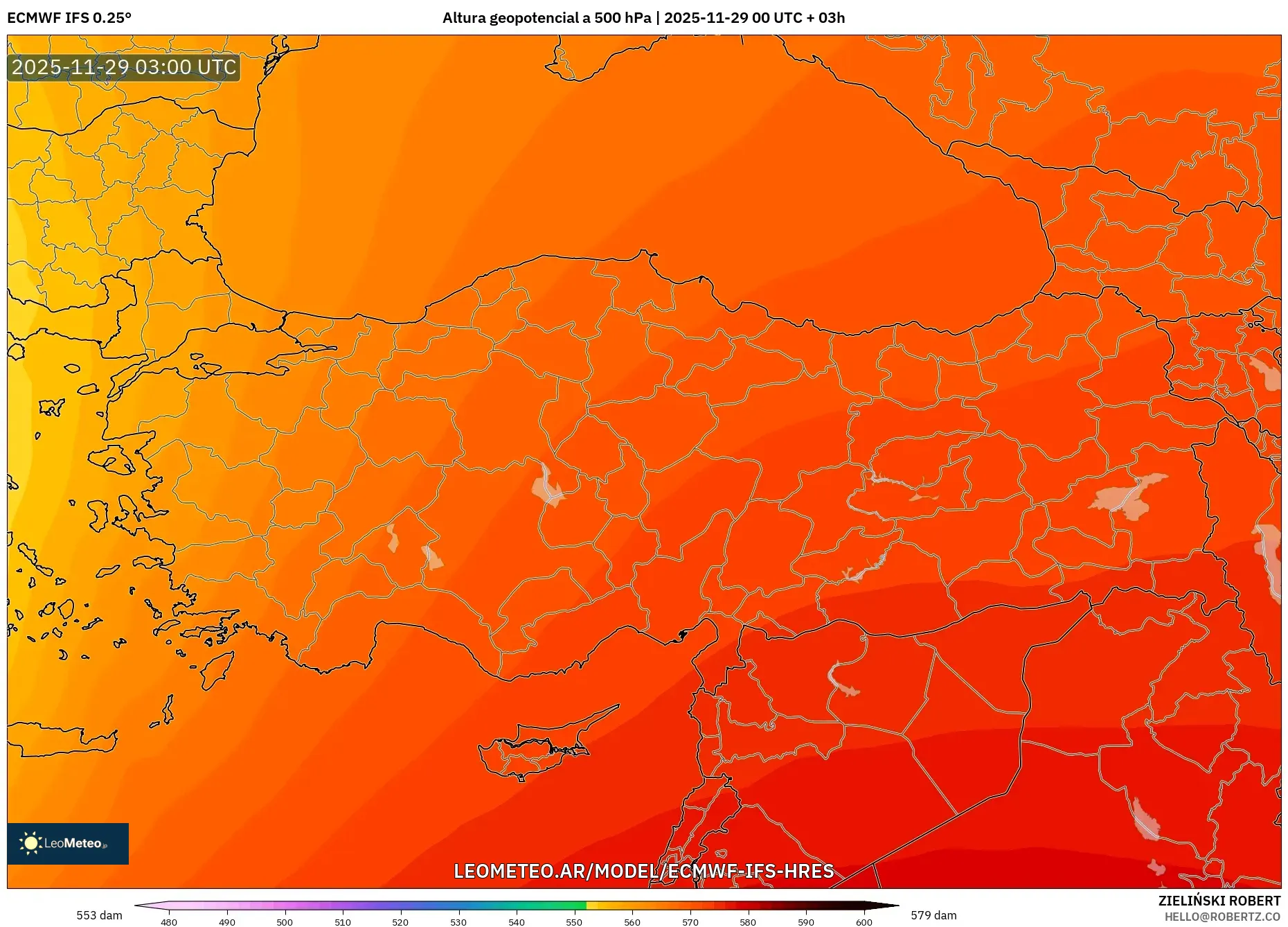 ECMWF IFS 0.25° model - Turquía, Altura geopotencial a 500 hPa