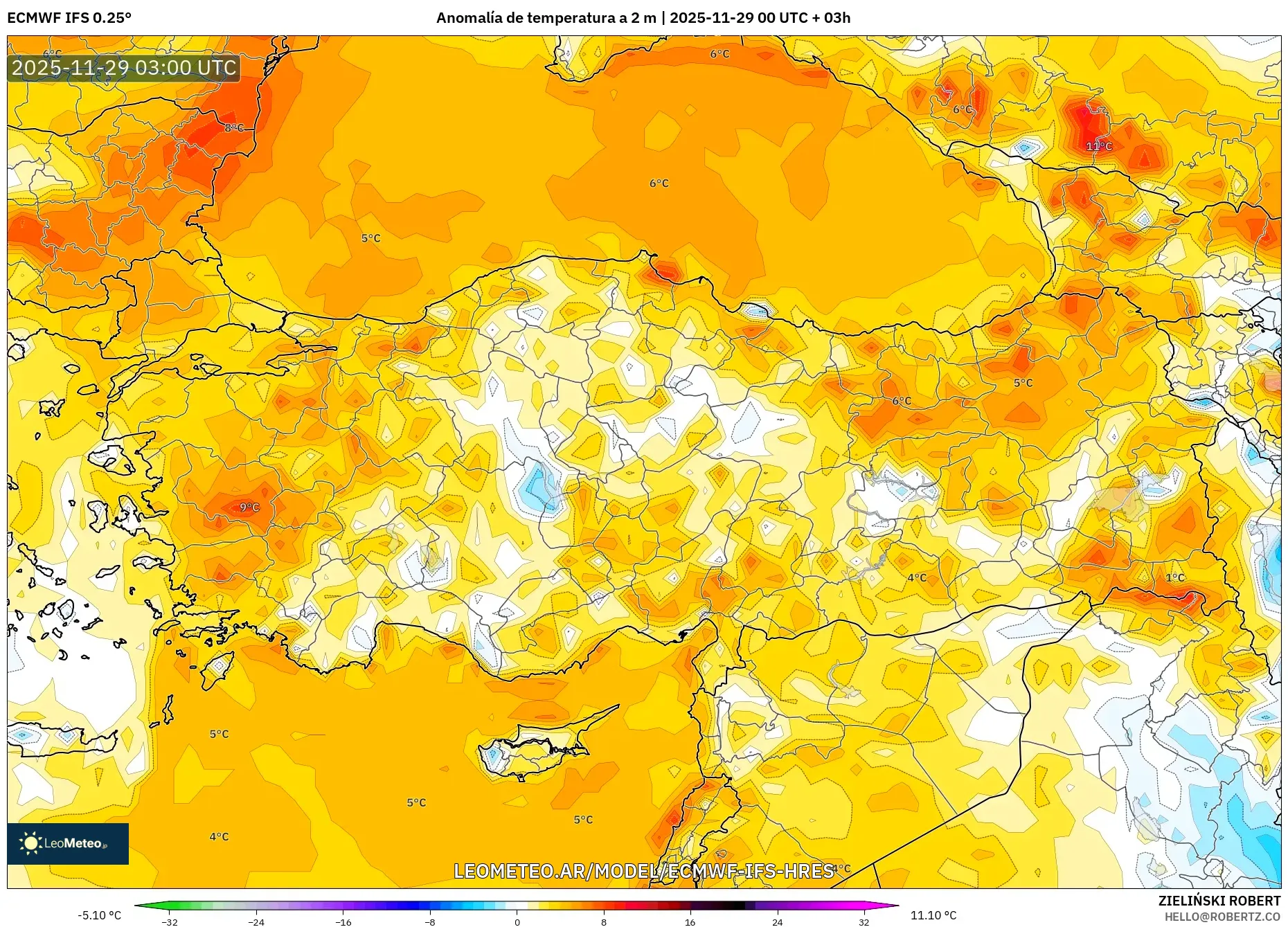 ECMWF IFS 0.25° model - Turquía, Anomalía de temperatura a 2 m
