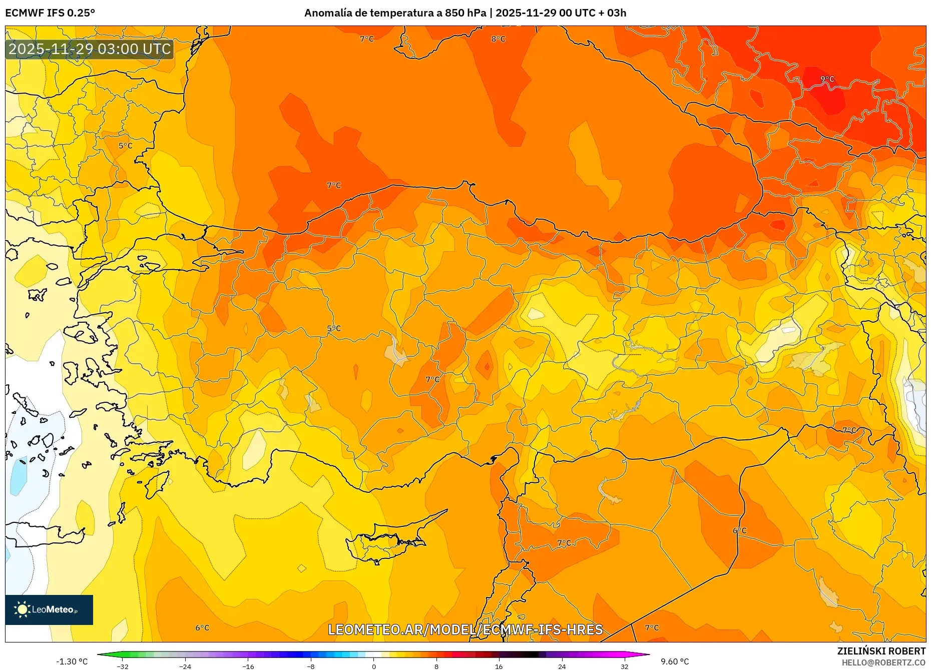 ECMWF IFS 0.25° model - Turquía, Anomalía de temperatura a 850 hPa