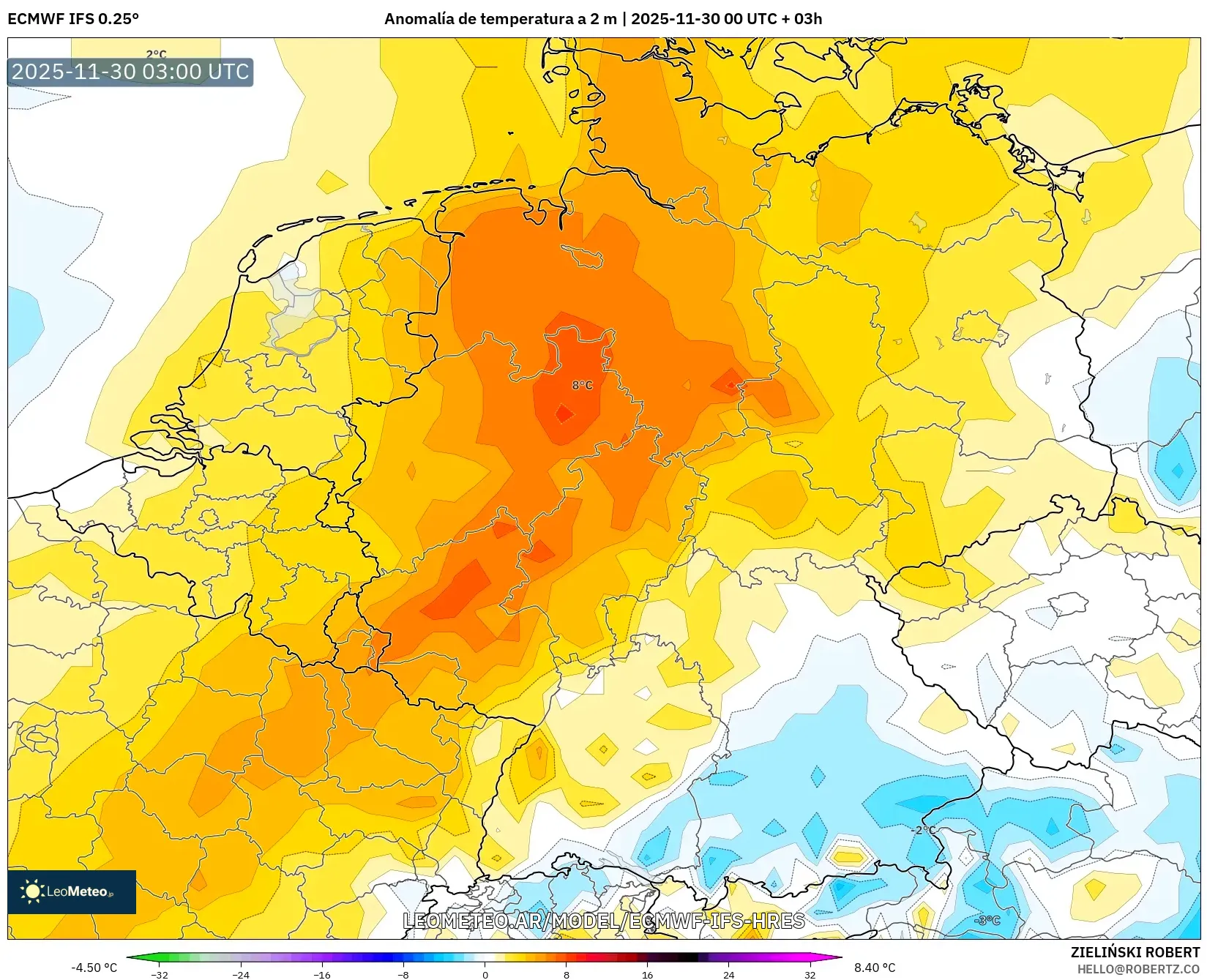 ECMWF IFS 0.25° model - Alemania, Anomalía de temperatura a 2 m