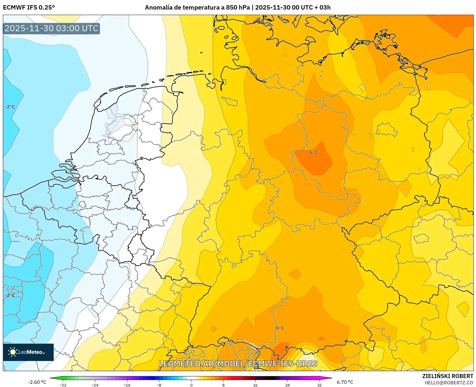 ECMWF IFS 0.25° model - Alemania, Anomalía de temperatura a 850 hPa
