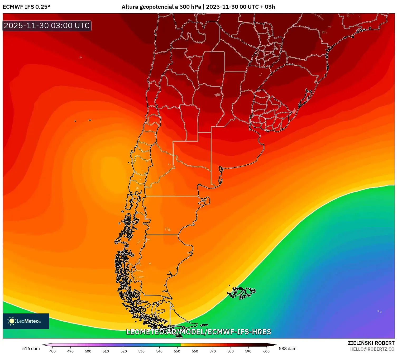 ECMWF IFS 0.25° model - Argentina, Altura geopotencial a 500 hPa
