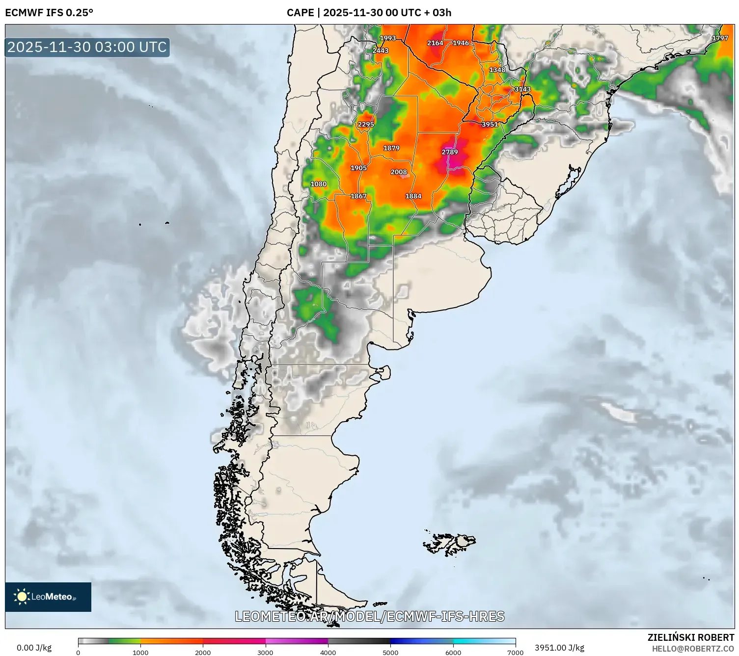 ECMWF IFS 0.25° model - Argentina, CAPE
