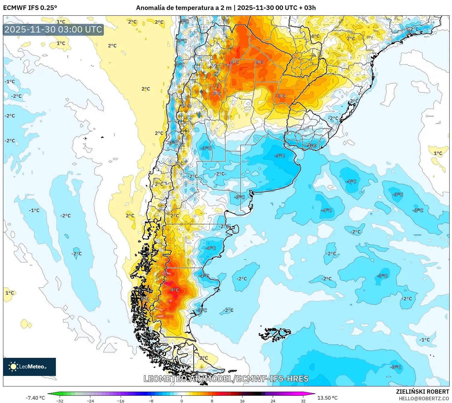 ECMWF IFS 0.25° model - Argentina, Anomalía de temperatura a 2 m