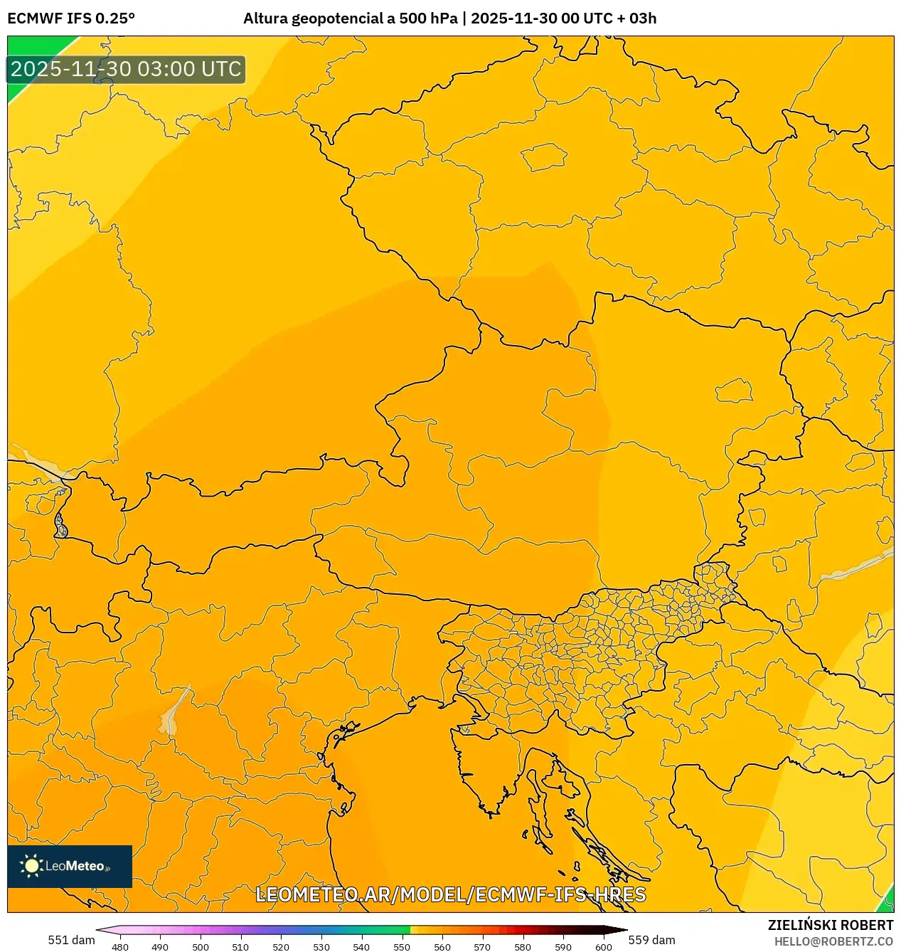 ECMWF IFS 0.25° model - Austria, Altura geopotencial a 500 hPa
