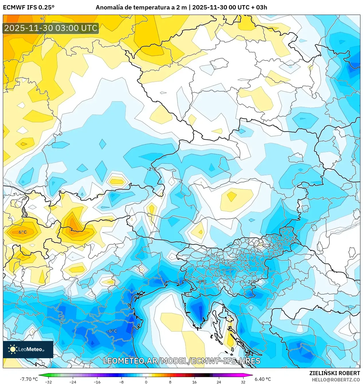 ECMWF IFS 0.25° model - Austria, Anomalía de temperatura a 2 m