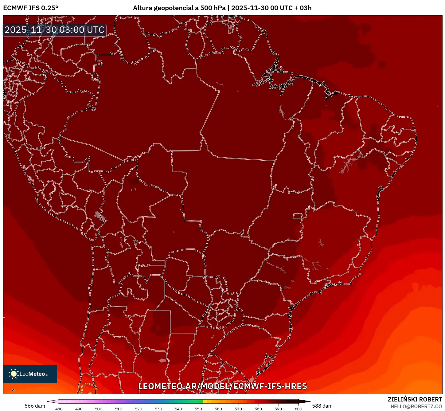 ECMWF IFS 0.25° model - Brasil, Altura geopotencial a 500 hPa
