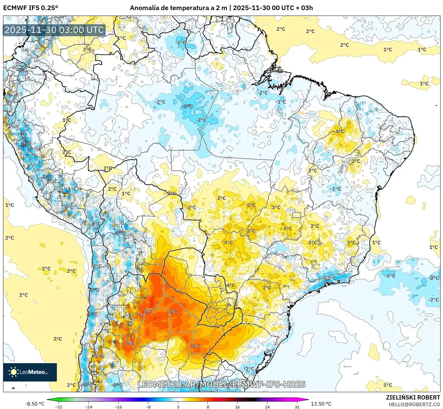 ECMWF IFS 0.25° model - Brasil, Anomalía de temperatura a 2 m