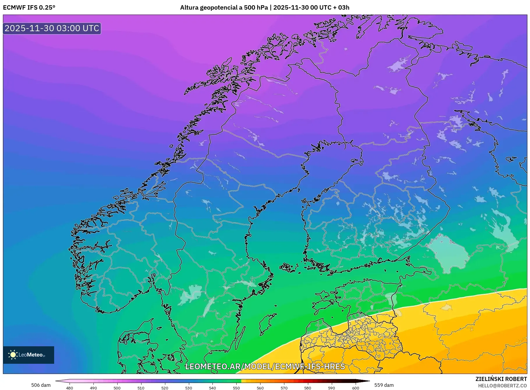 ECMWF IFS 0.25° model - Escandinavia, Altura geopotencial a 500 hPa