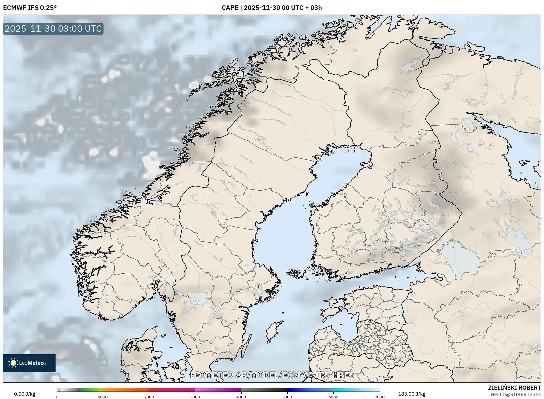 ECMWF IFS 0.25° model - Escandinavia, CAPE