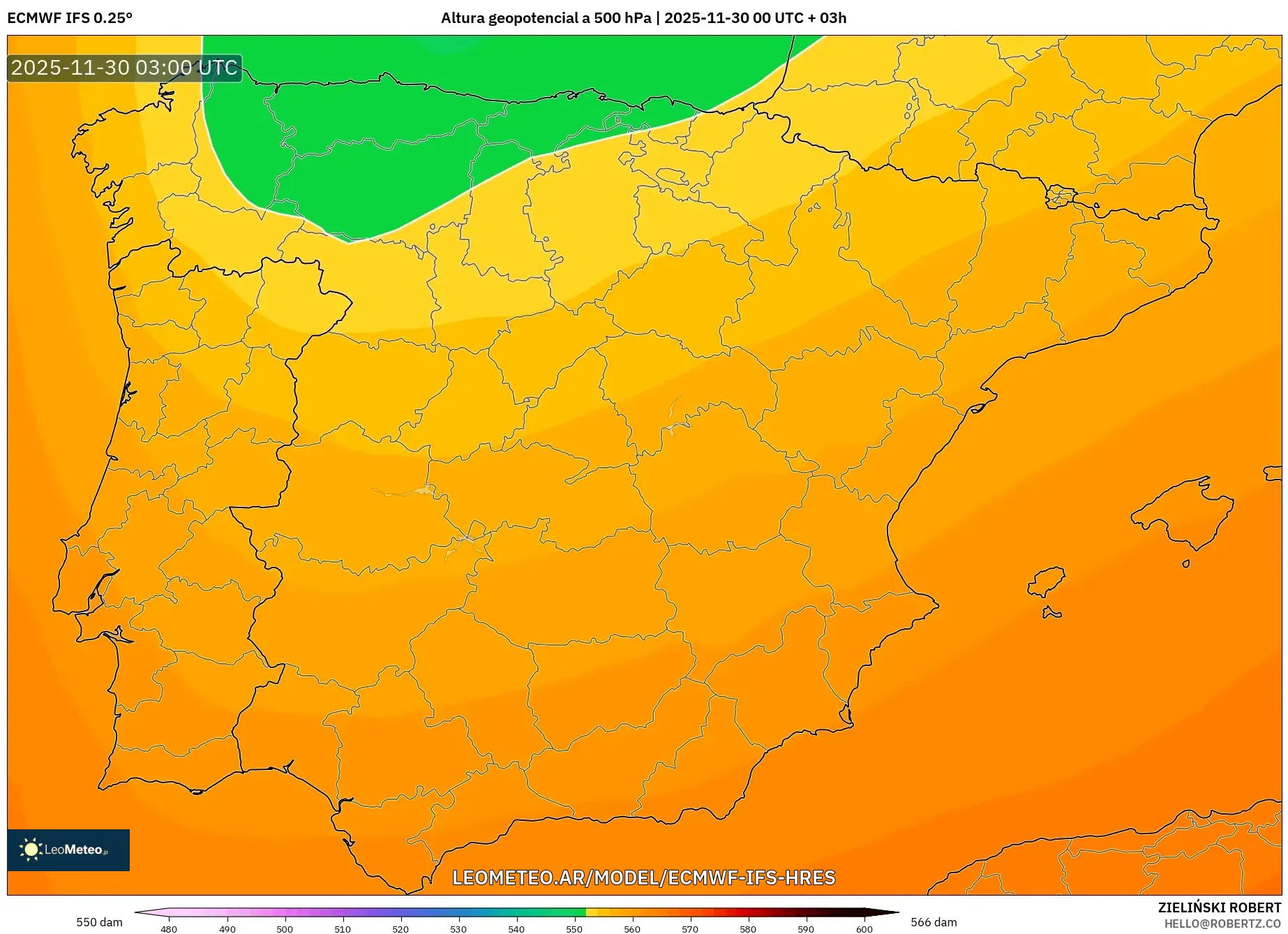ECMWF IFS 0.25° model - España, Altura geopotencial a 500 hPa