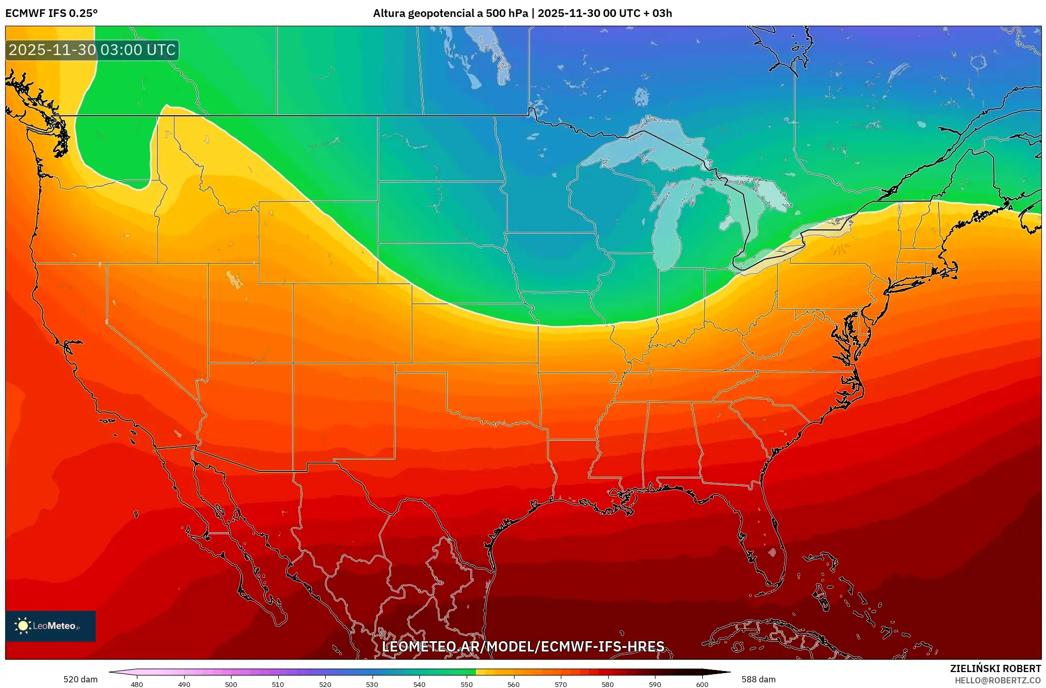 ECMWF IFS 0.25° model - Estados Unidos, Altura geopotencial a 500 hPa