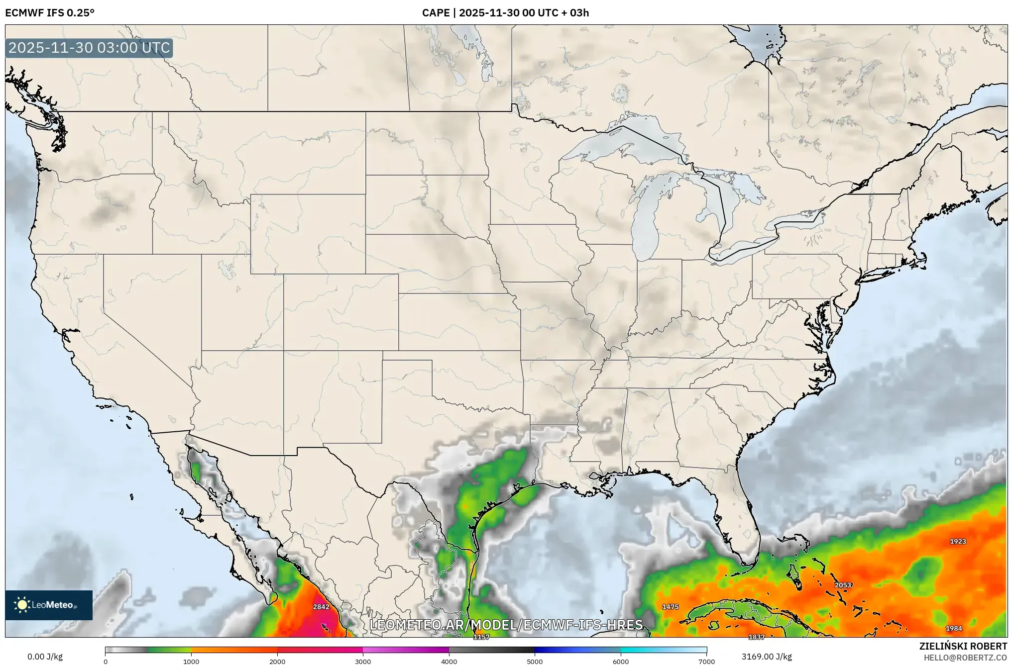 ECMWF IFS 0.25° model - Estados Unidos, CAPE