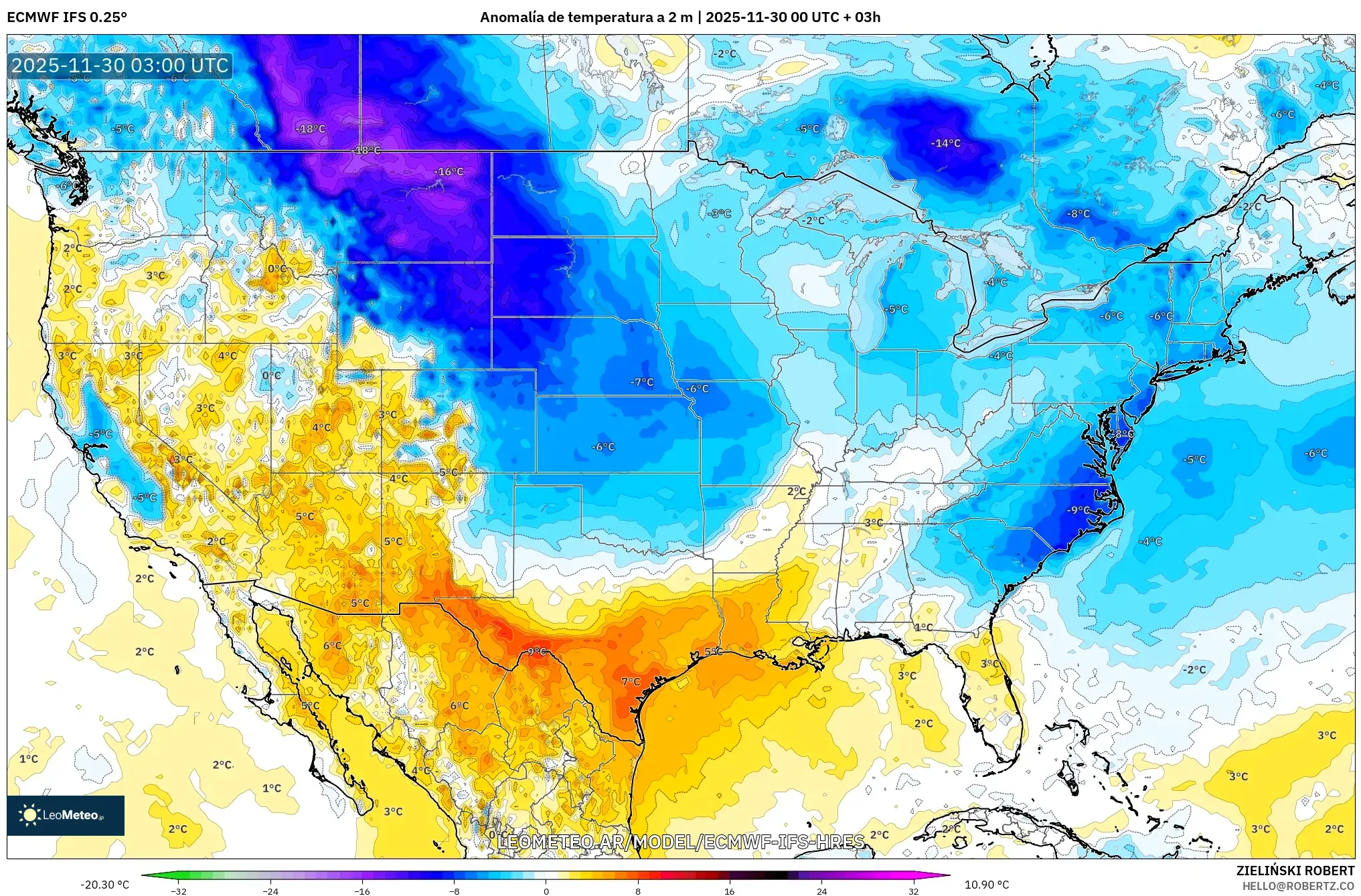 ECMWF IFS 0.25° model - Estados Unidos, Anomalía de temperatura a 2 m