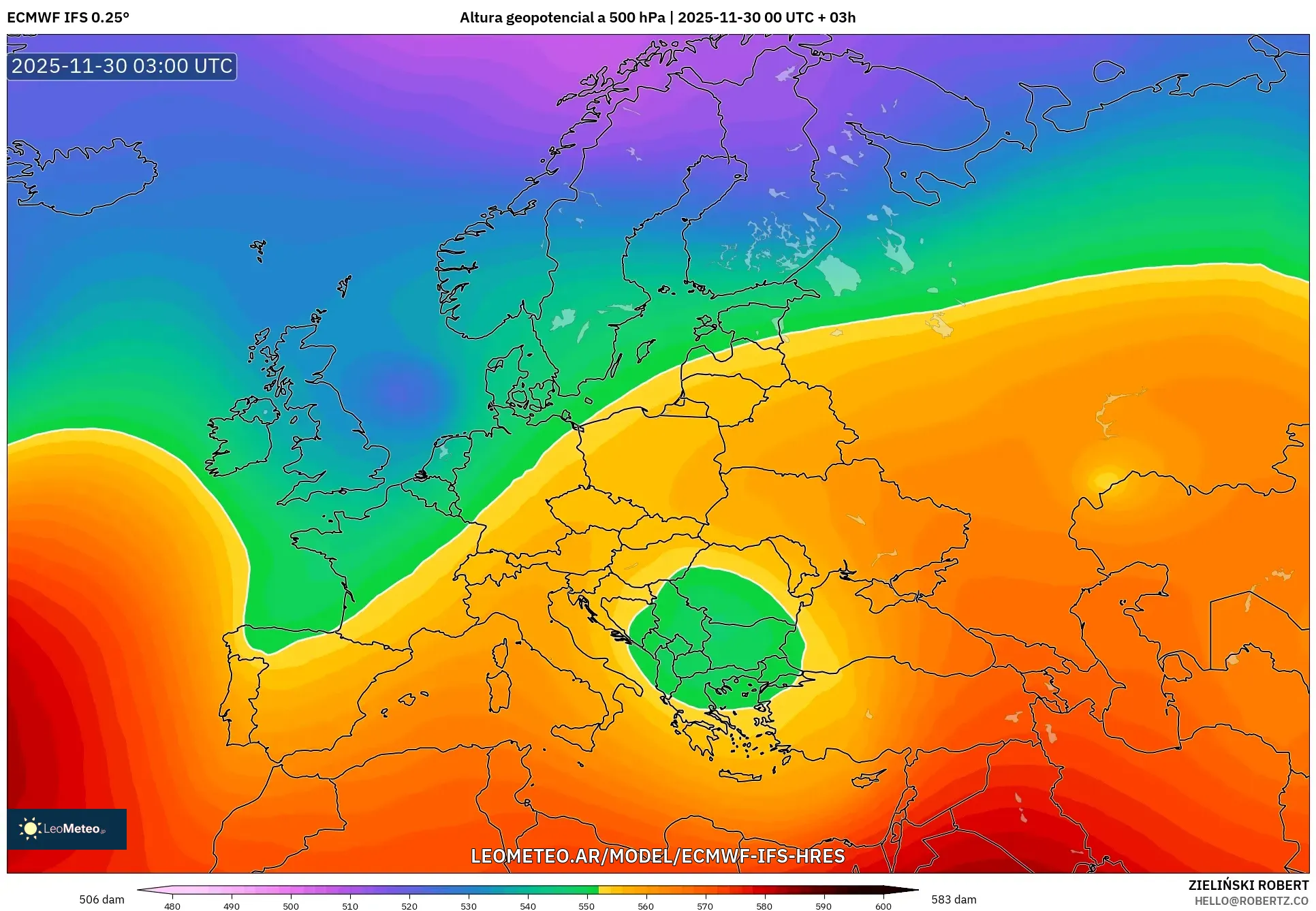 ECMWF IFS 0.25° model - Europa, Altura geopotencial a 500 hPa