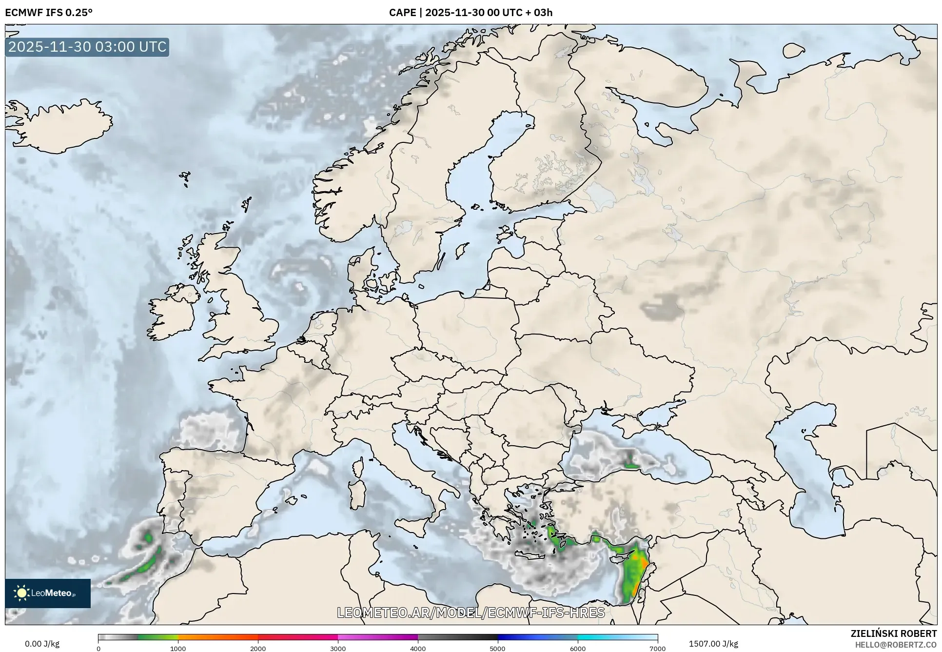 ECMWF IFS 0.25° model - Europa, CAPE