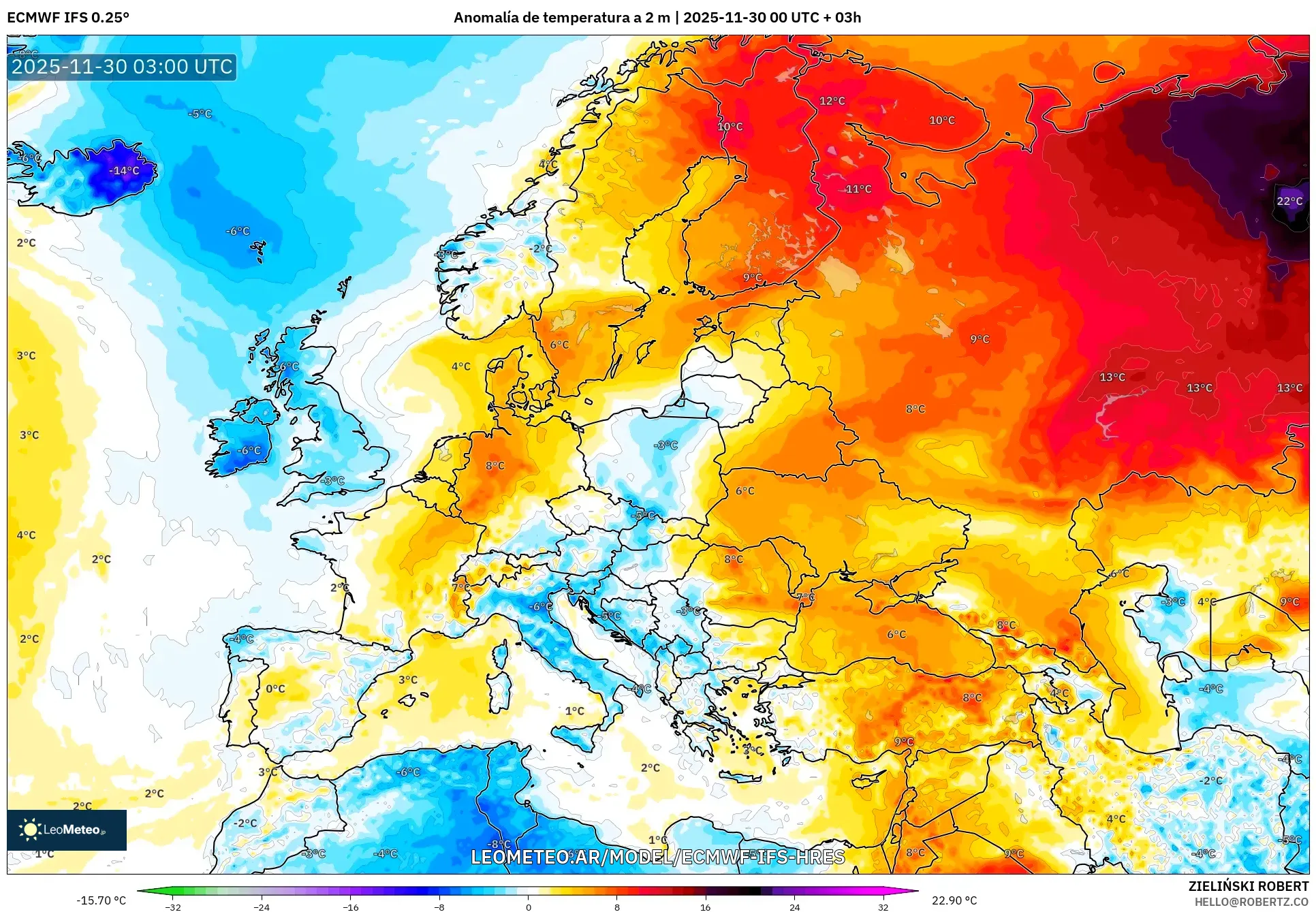 ECMWF IFS 0.25° model - Europa, Anomalía de temperatura a 2 m