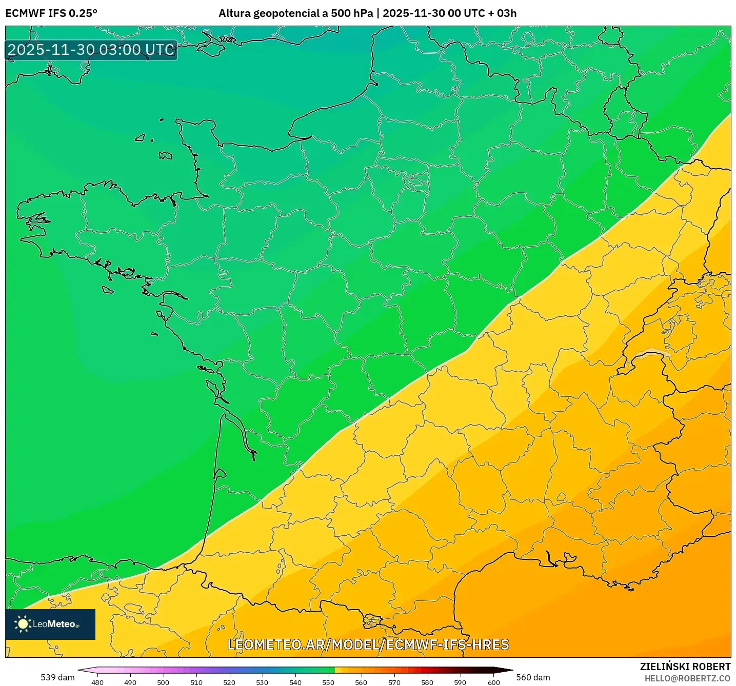 ECMWF IFS 0.25° model - Francia, Altura geopotencial a 500 hPa