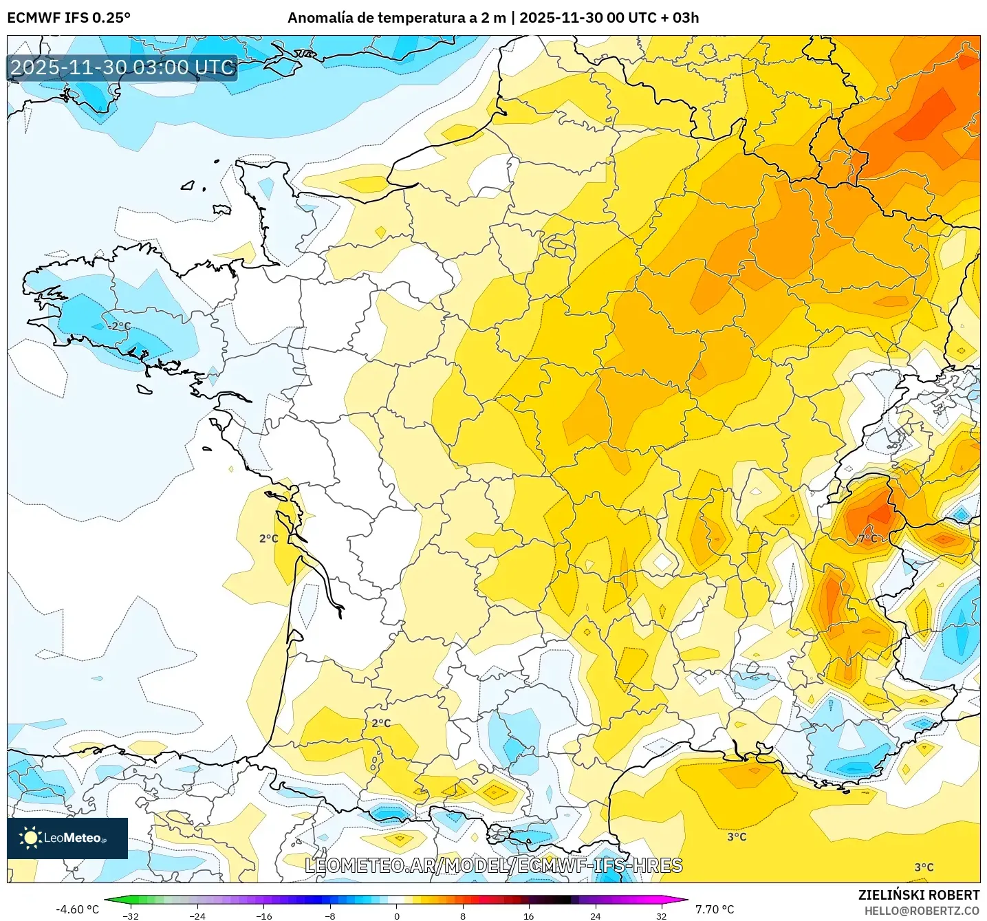 ECMWF IFS 0.25° model - Francia, Anomalía de temperatura a 2 m