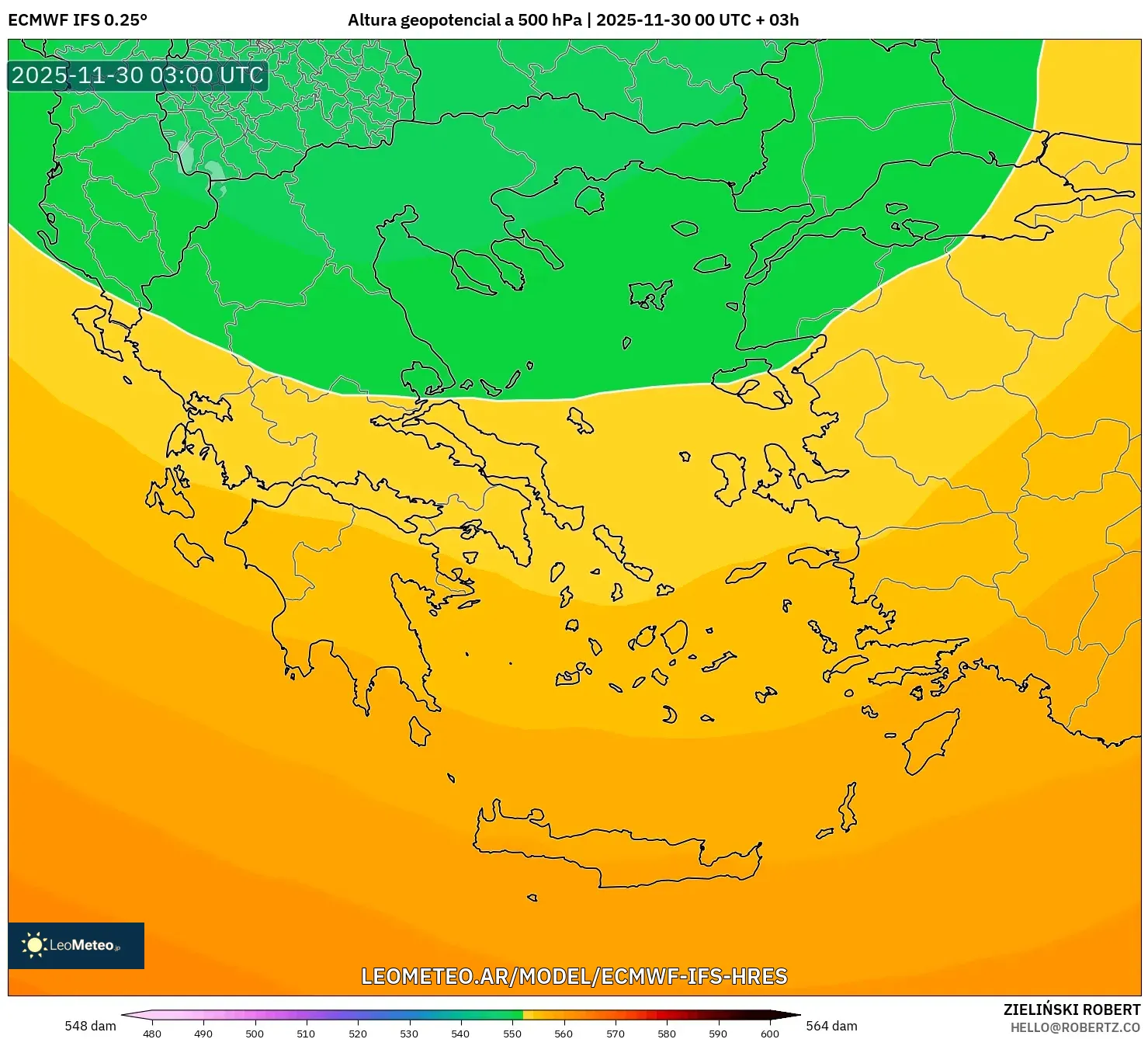 ECMWF IFS 0.25° model - Grecia, Altura geopotencial a 500 hPa