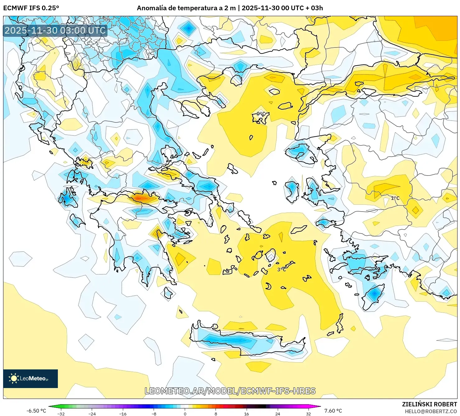ECMWF IFS 0.25° model - Grecia, Anomalía de temperatura a 2 m
