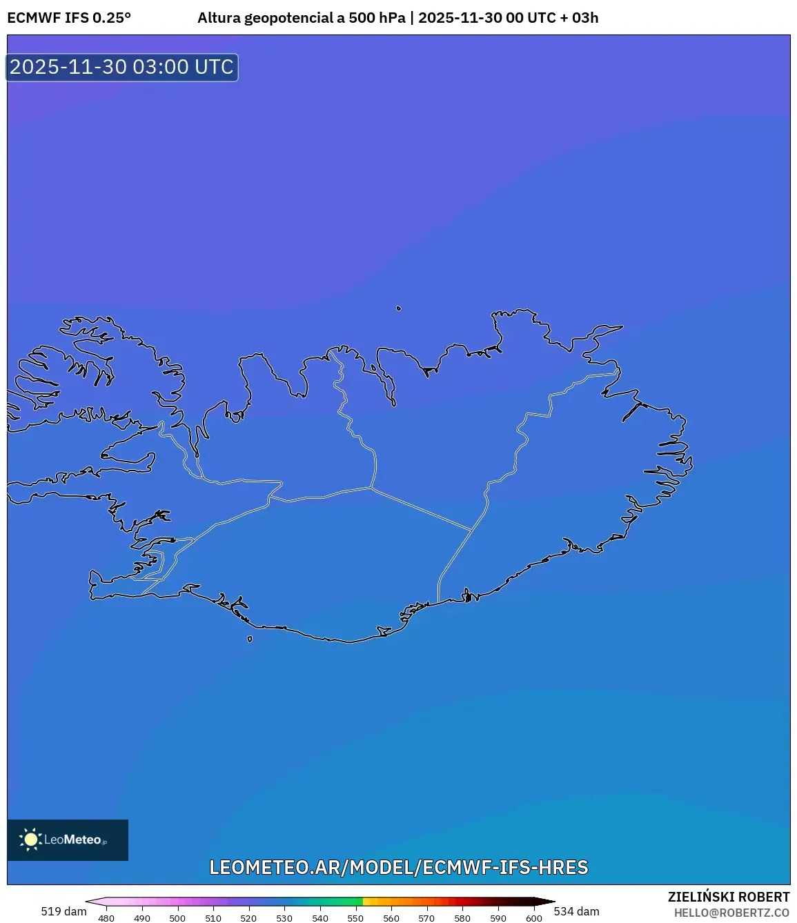 ECMWF IFS 0.25° model - Islandia, Altura geopotencial a 500 hPa