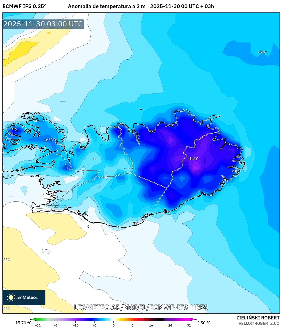 ECMWF IFS 0.25° model - Islandia, Anomalía de temperatura a 2 m