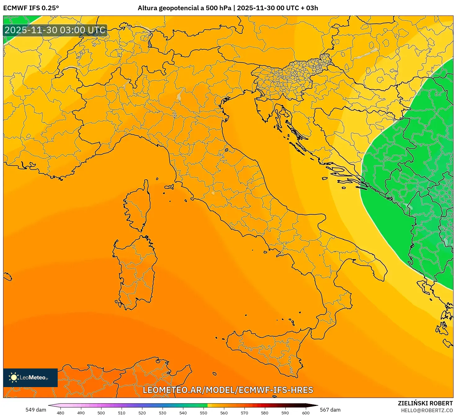 ECMWF IFS 0.25° model - Italia, Altura geopotencial a 500 hPa