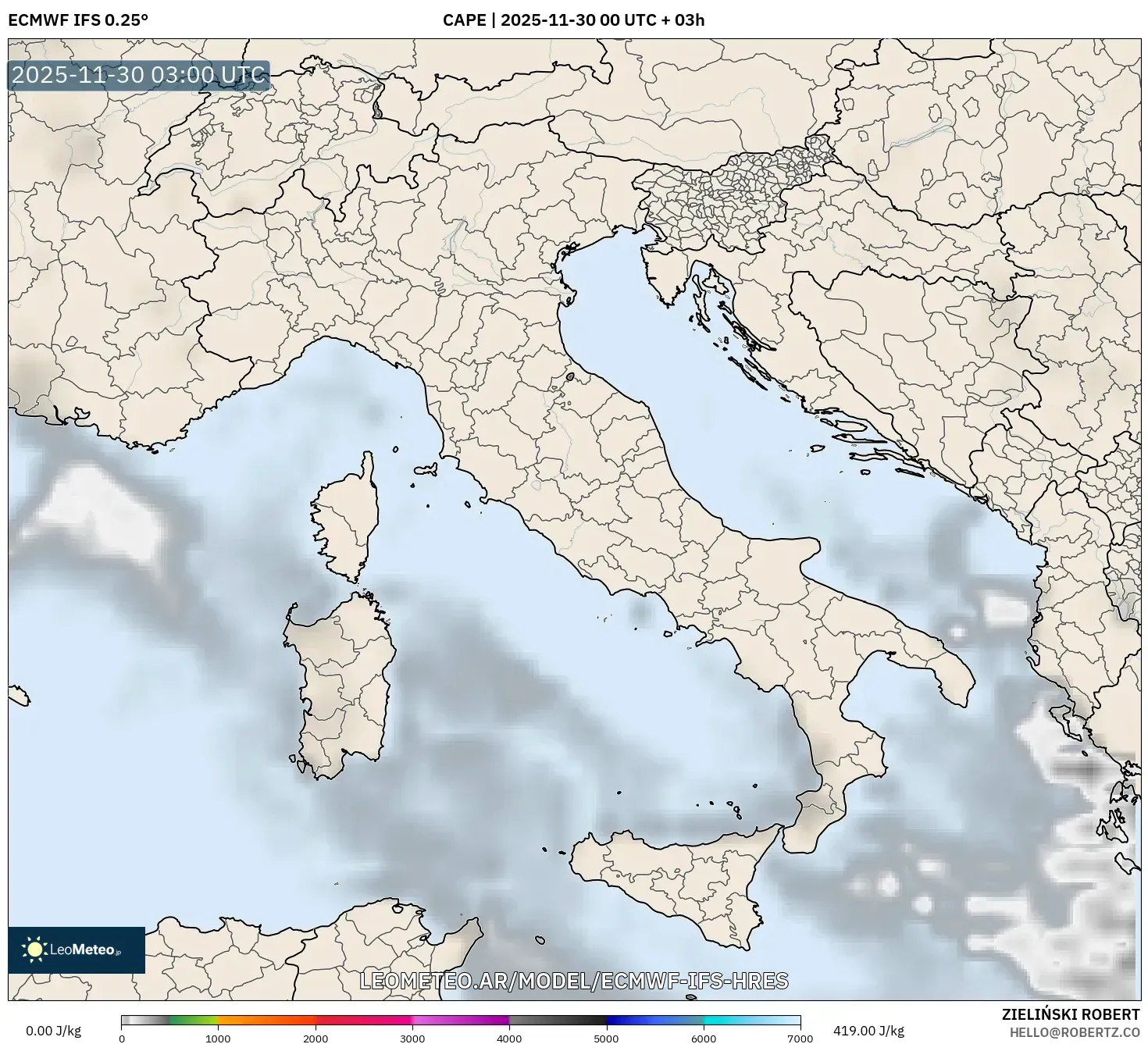 ECMWF IFS 0.25° model - Italia, CAPE