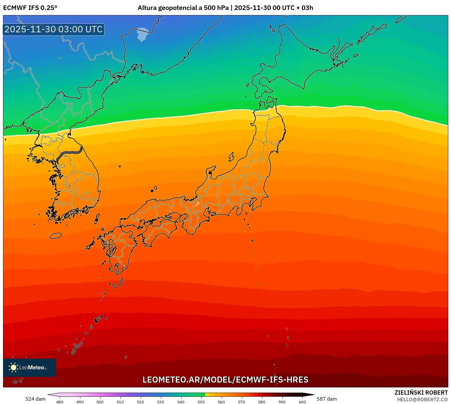 ECMWF IFS 0.25° model - Japón, Altura geopotencial a 500 hPa