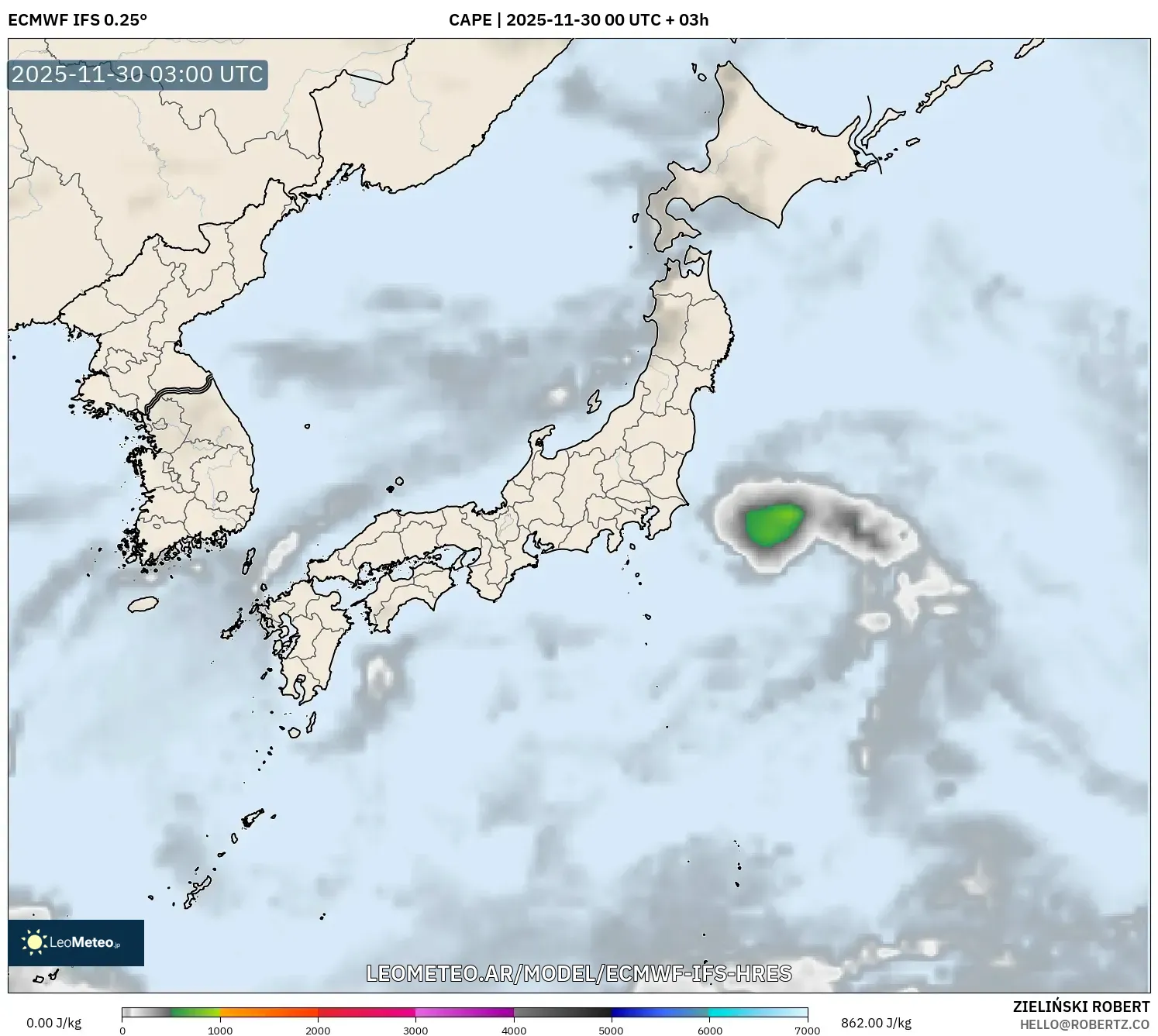 ECMWF IFS 0.25° model - Japón, CAPE