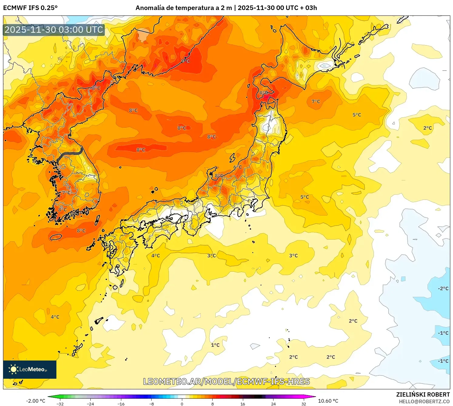 ECMWF IFS 0.25° model - Japón, Anomalía de temperatura a 2 m
