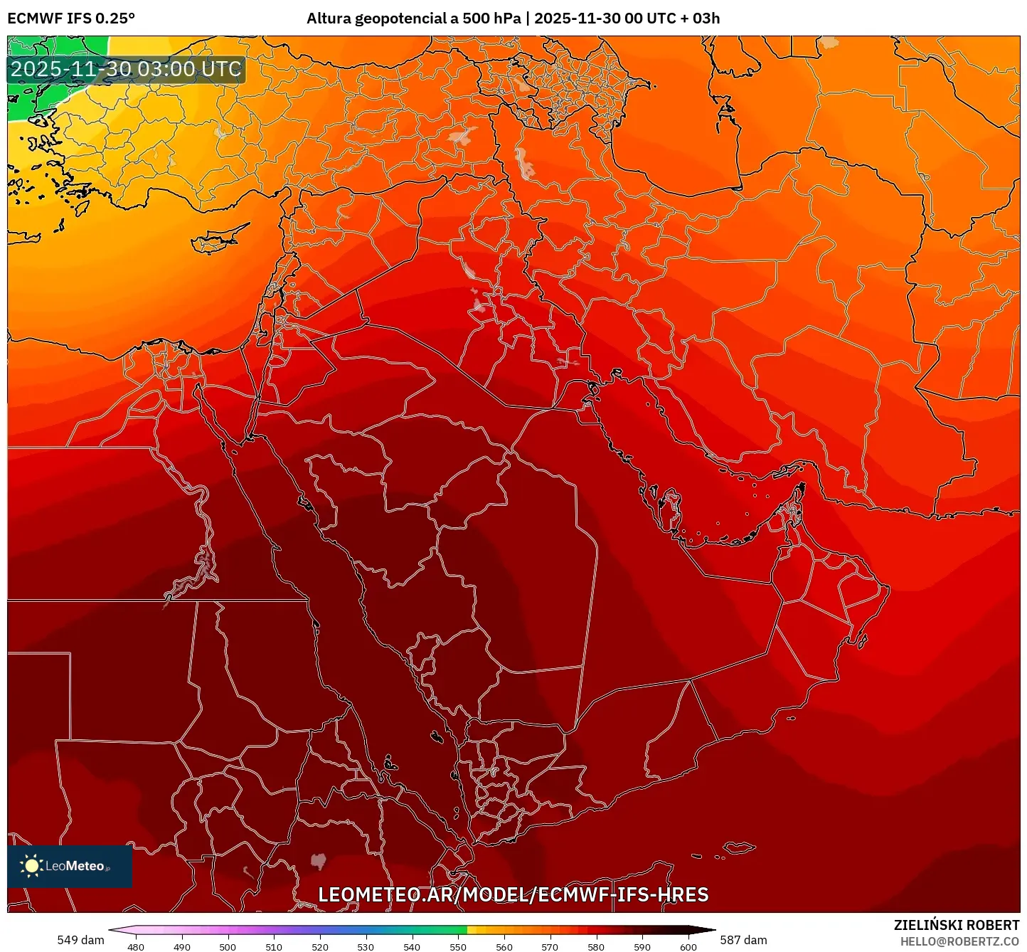 ECMWF IFS 0.25° model - Oriente Medio, Altura geopotencial a 500 hPa