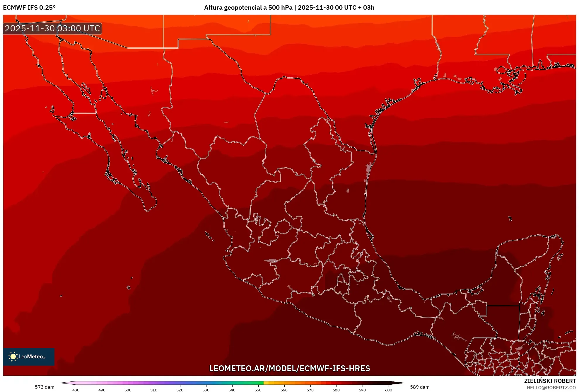 ECMWF IFS 0.25° model - México, Altura geopotencial a 500 hPa
