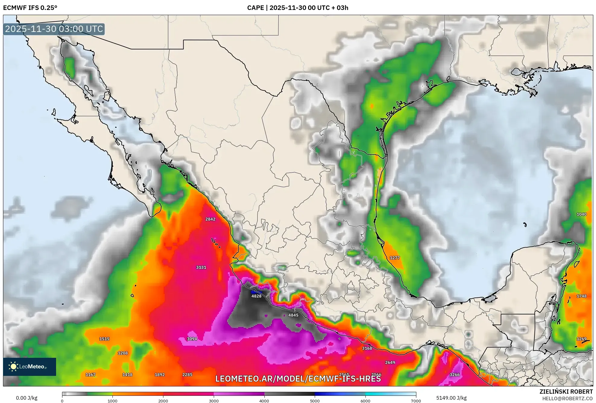 ECMWF IFS 0.25° model - México, CAPE