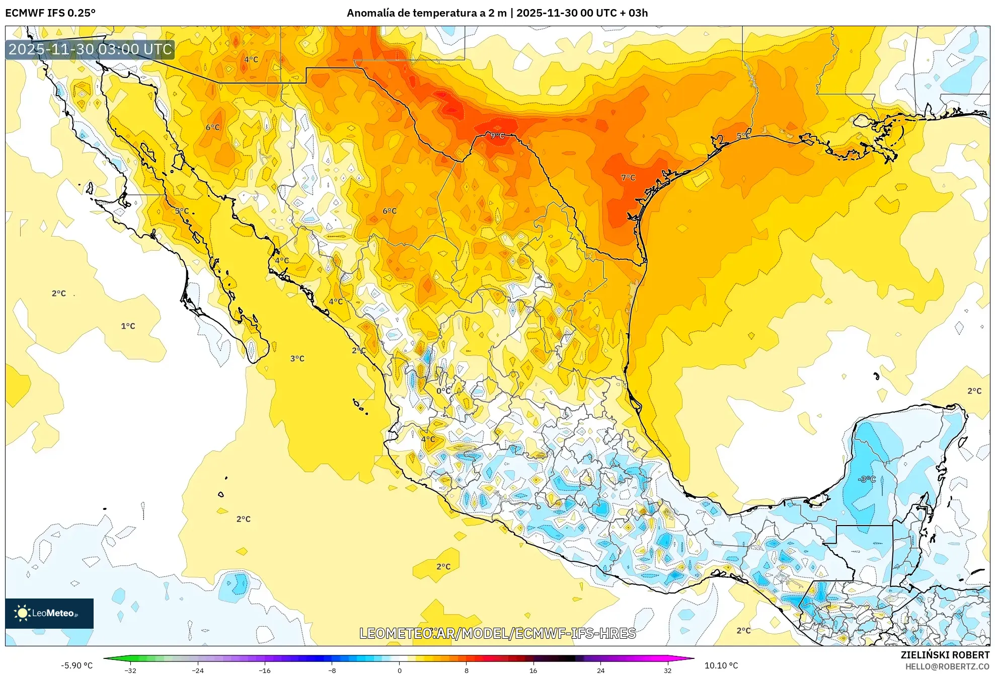 ECMWF IFS 0.25° model - México, Anomalía de temperatura a 2 m