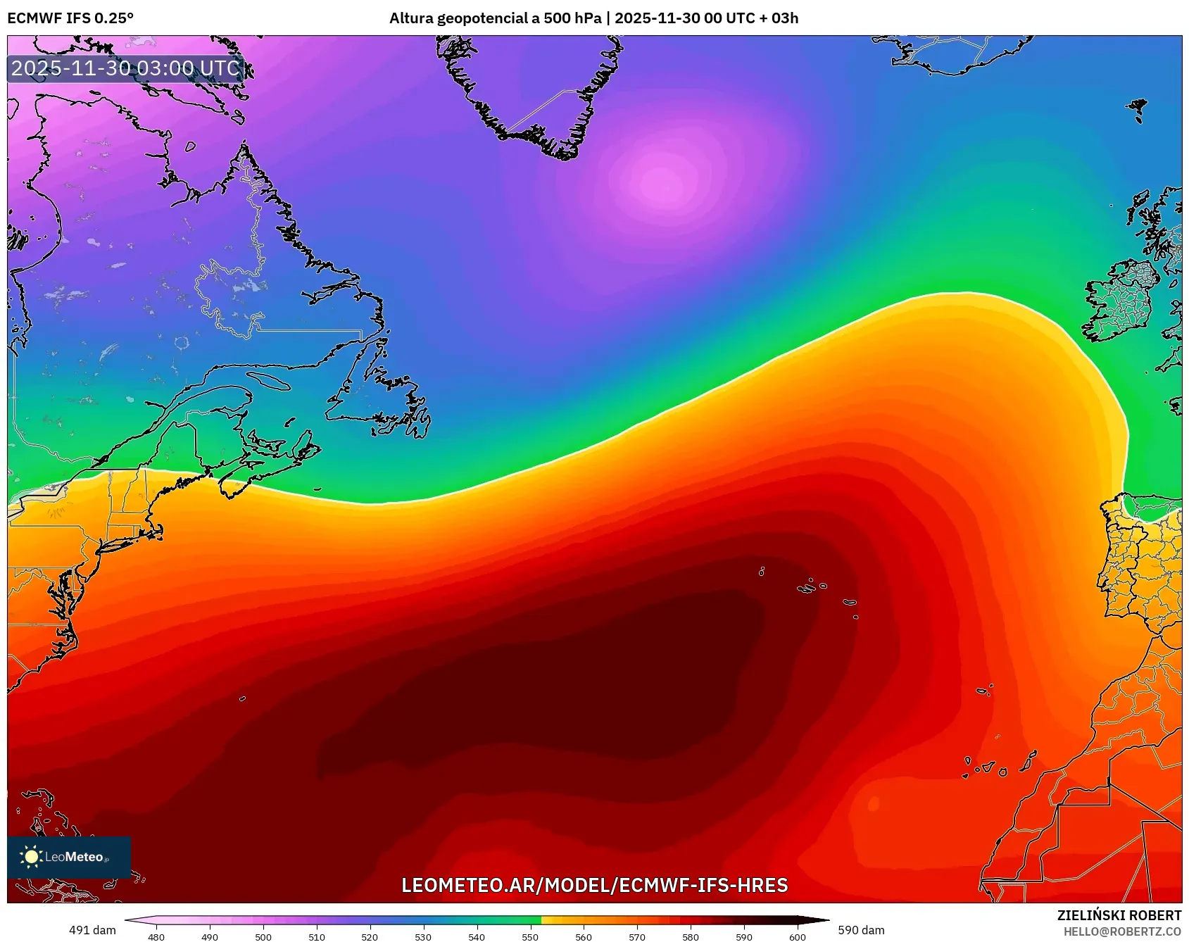 ECMWF IFS 0.25° model - Norte Atlántico, Altura geopotencial a 500 hPa