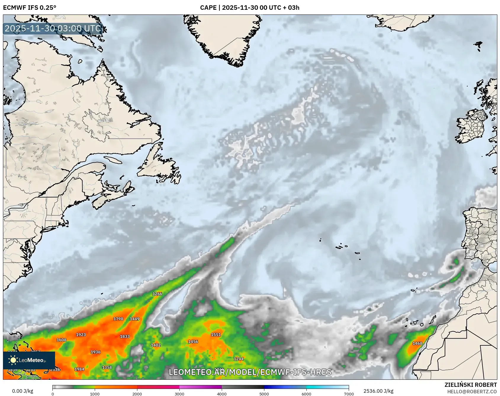 ECMWF IFS 0.25° model - Norte Atlántico, CAPE