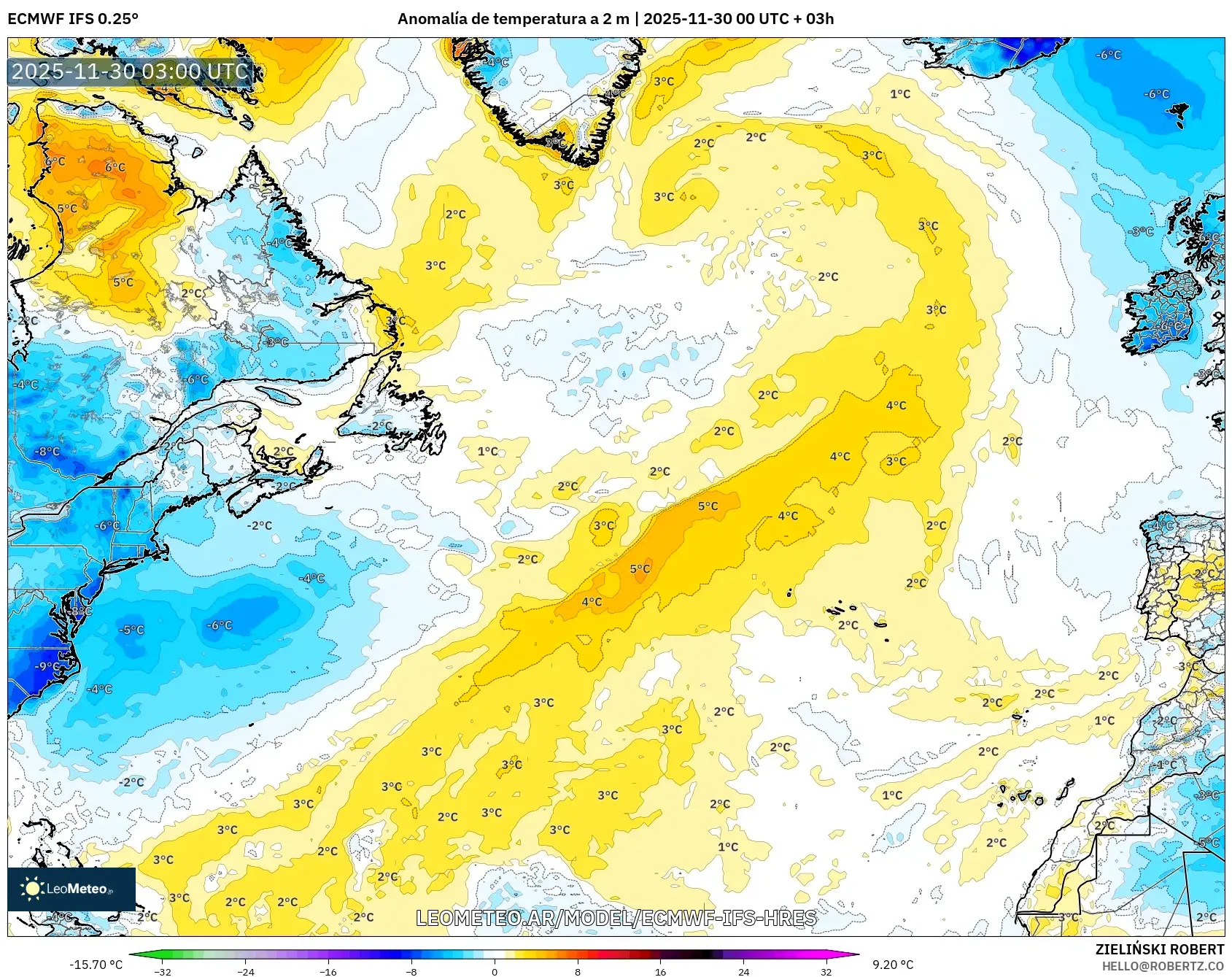 ECMWF IFS 0.25° model - Norte Atlántico, Anomalía de temperatura a 2 m