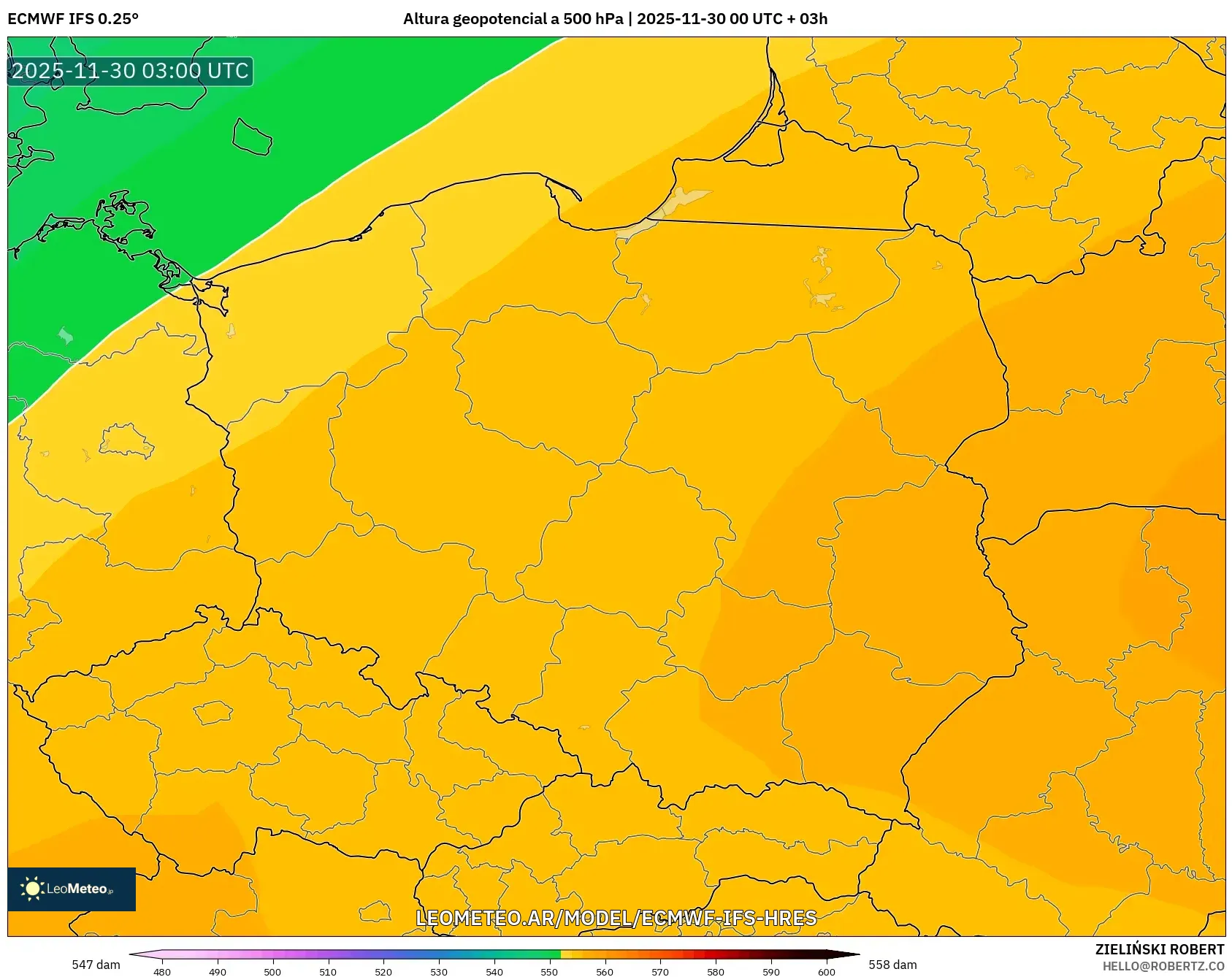 ECMWF IFS 0.25° model - Polonia, Altura geopotencial a 500 hPa