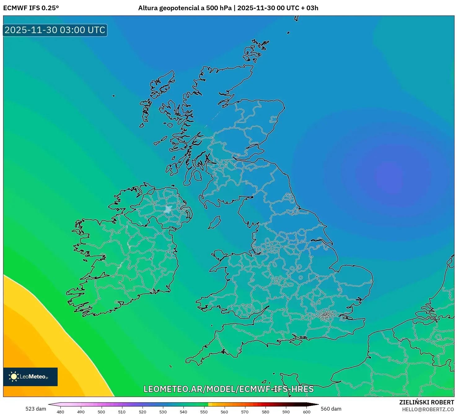 ECMWF IFS 0.25° model - Reino Unido, Altura geopotencial a 500 hPa