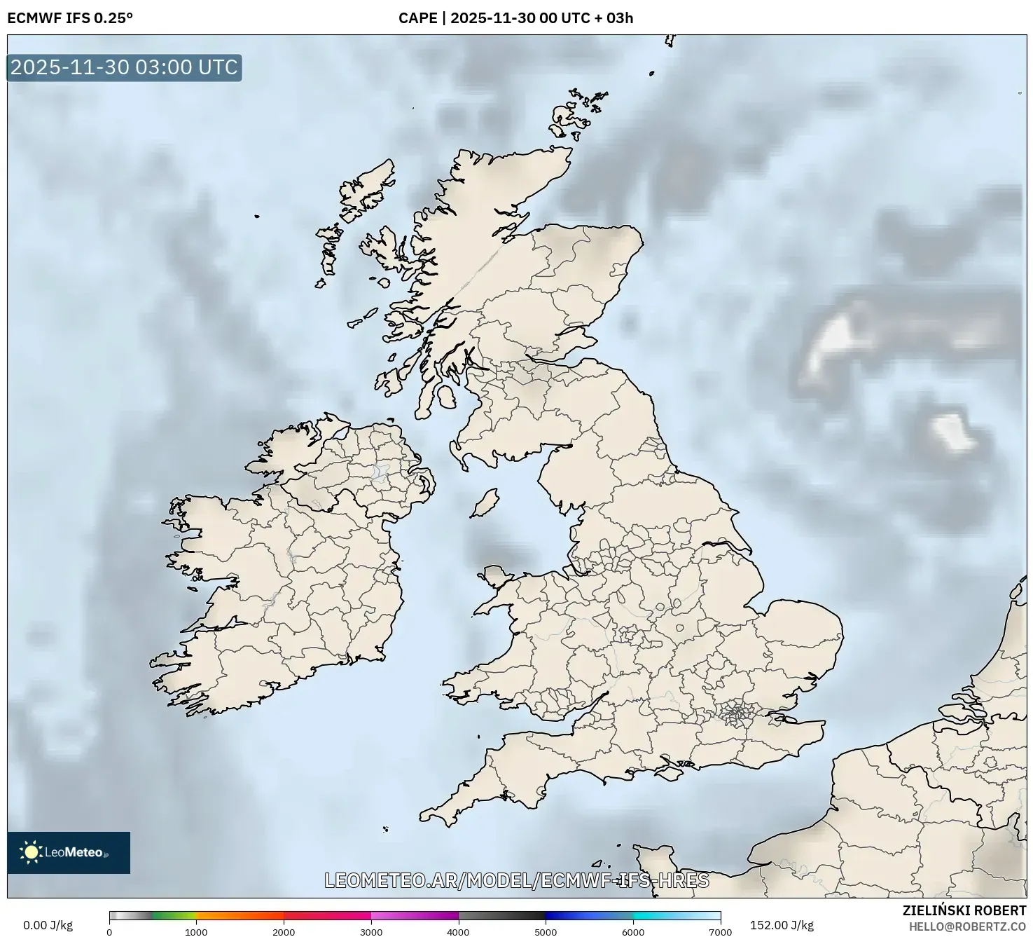ECMWF IFS 0.25° model - Reino Unido, CAPE